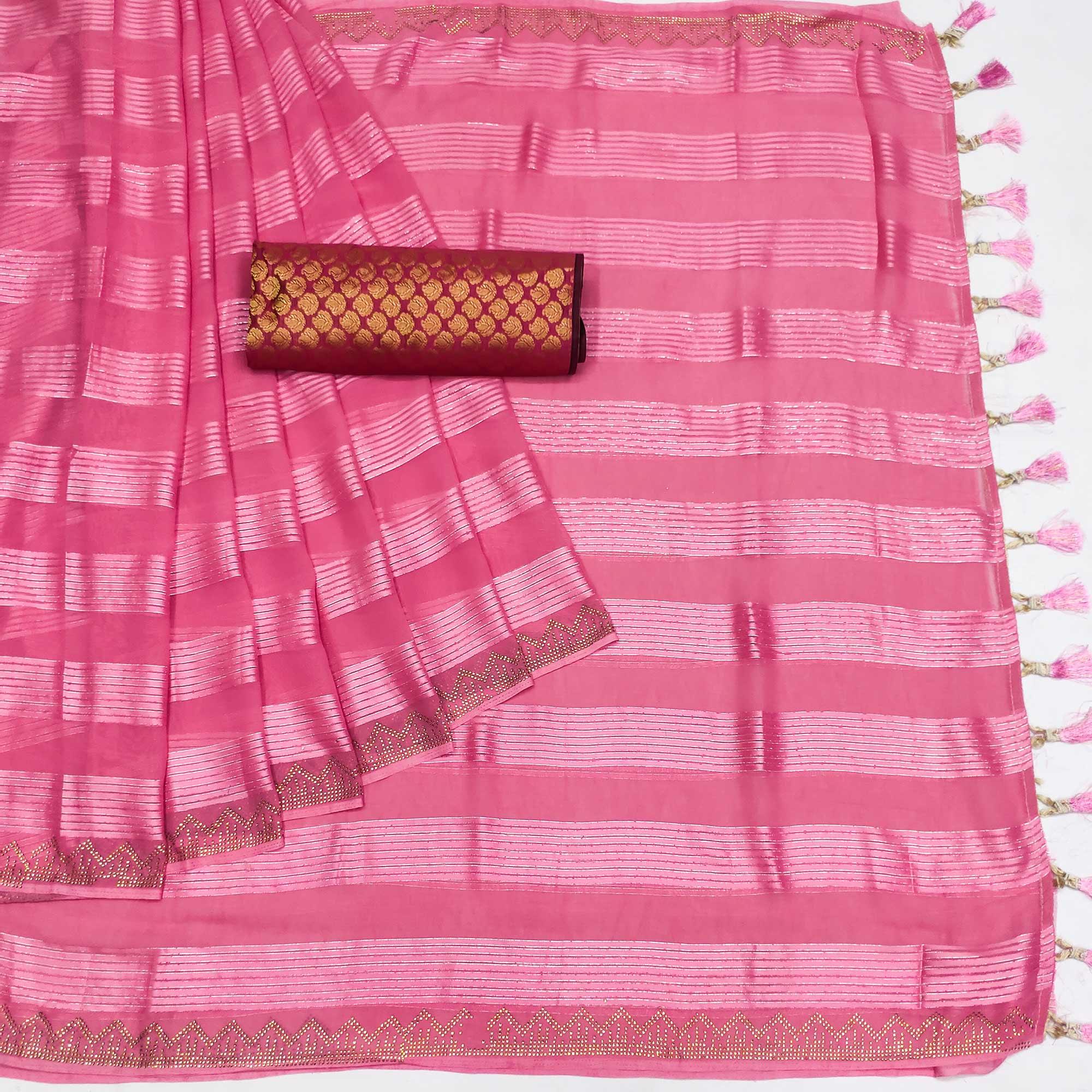 Pink Striped With Stone Work Georgette Saree - Image 3