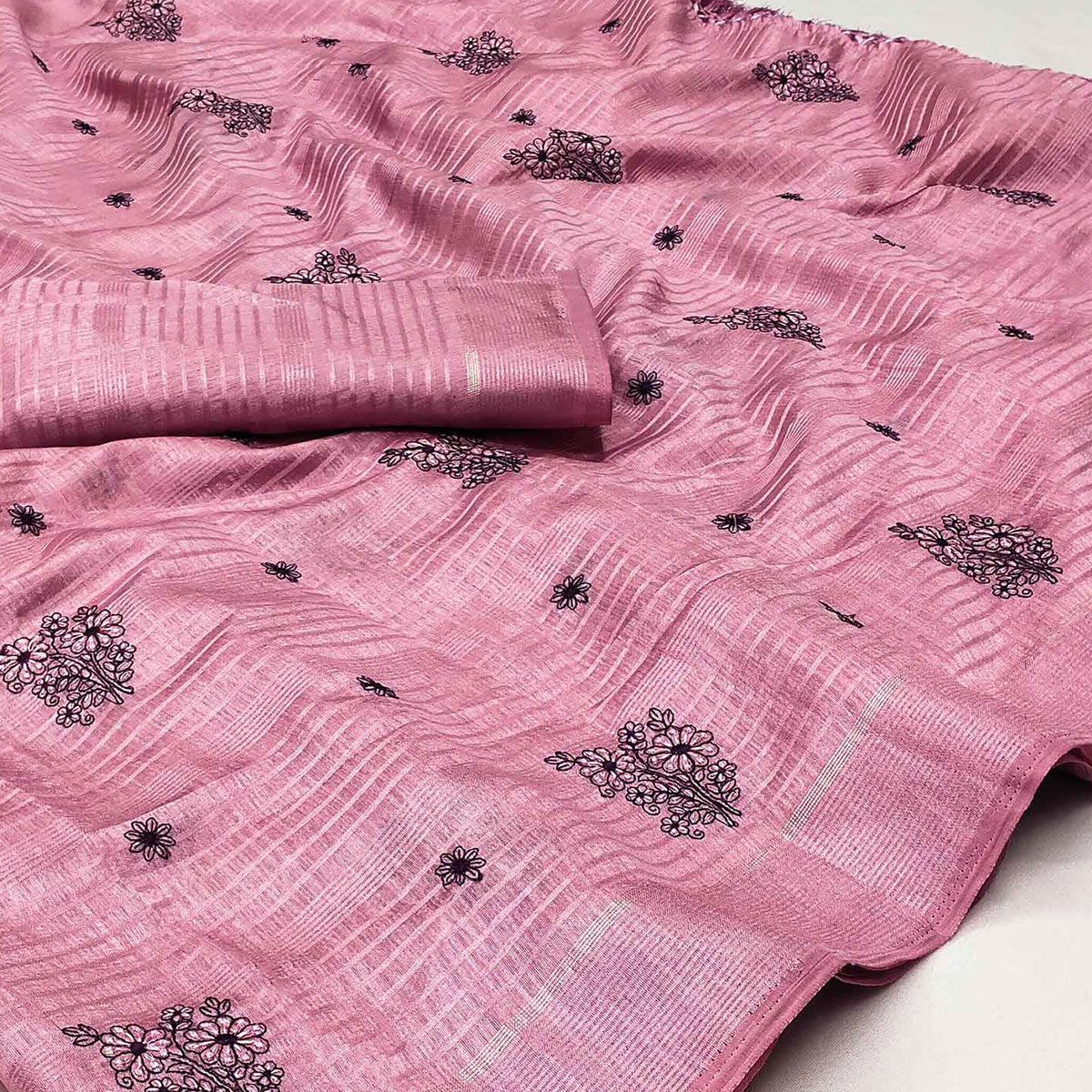 Pink Floral Embroidered Art Silk Saree