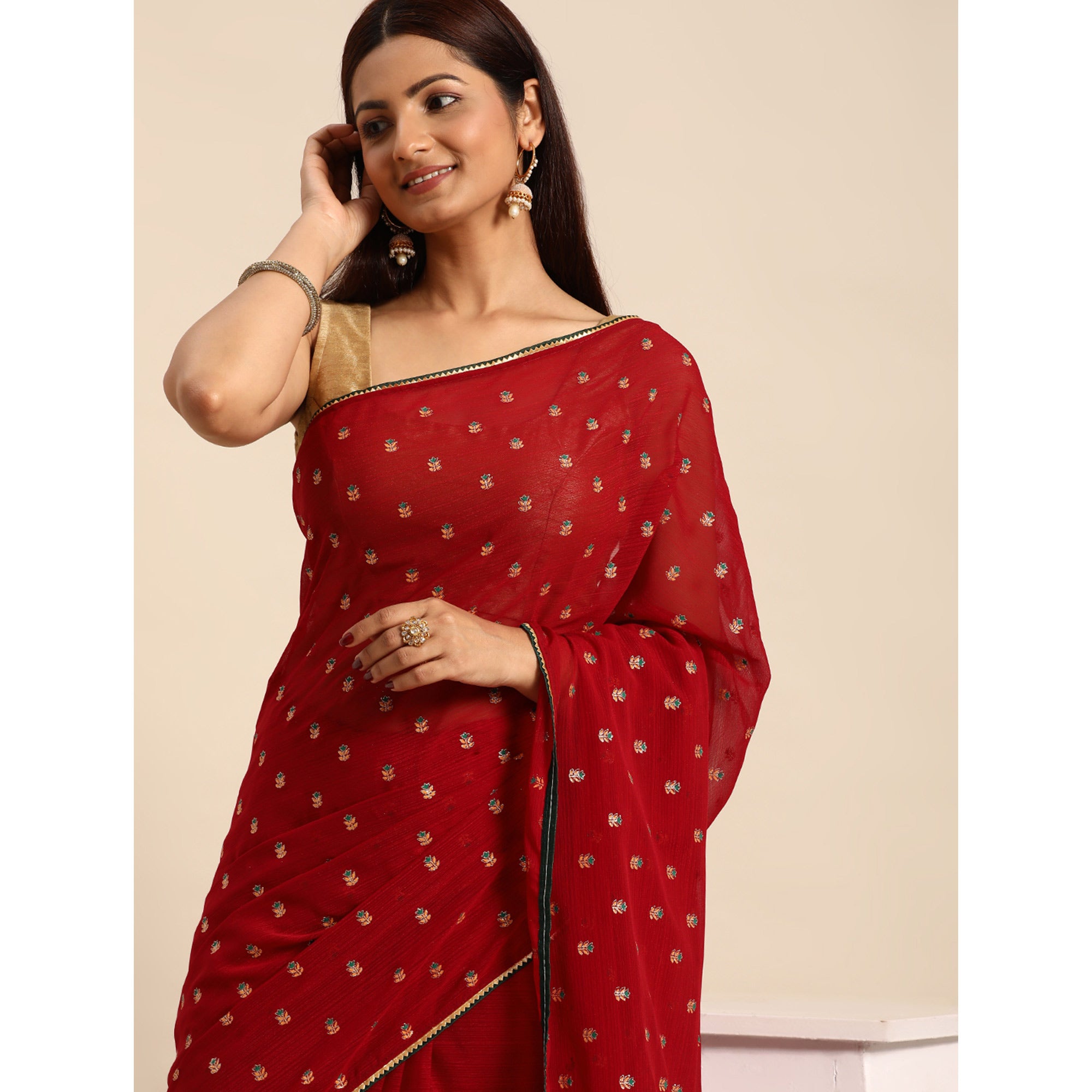 Maroon Embroidered Chiffon Saree