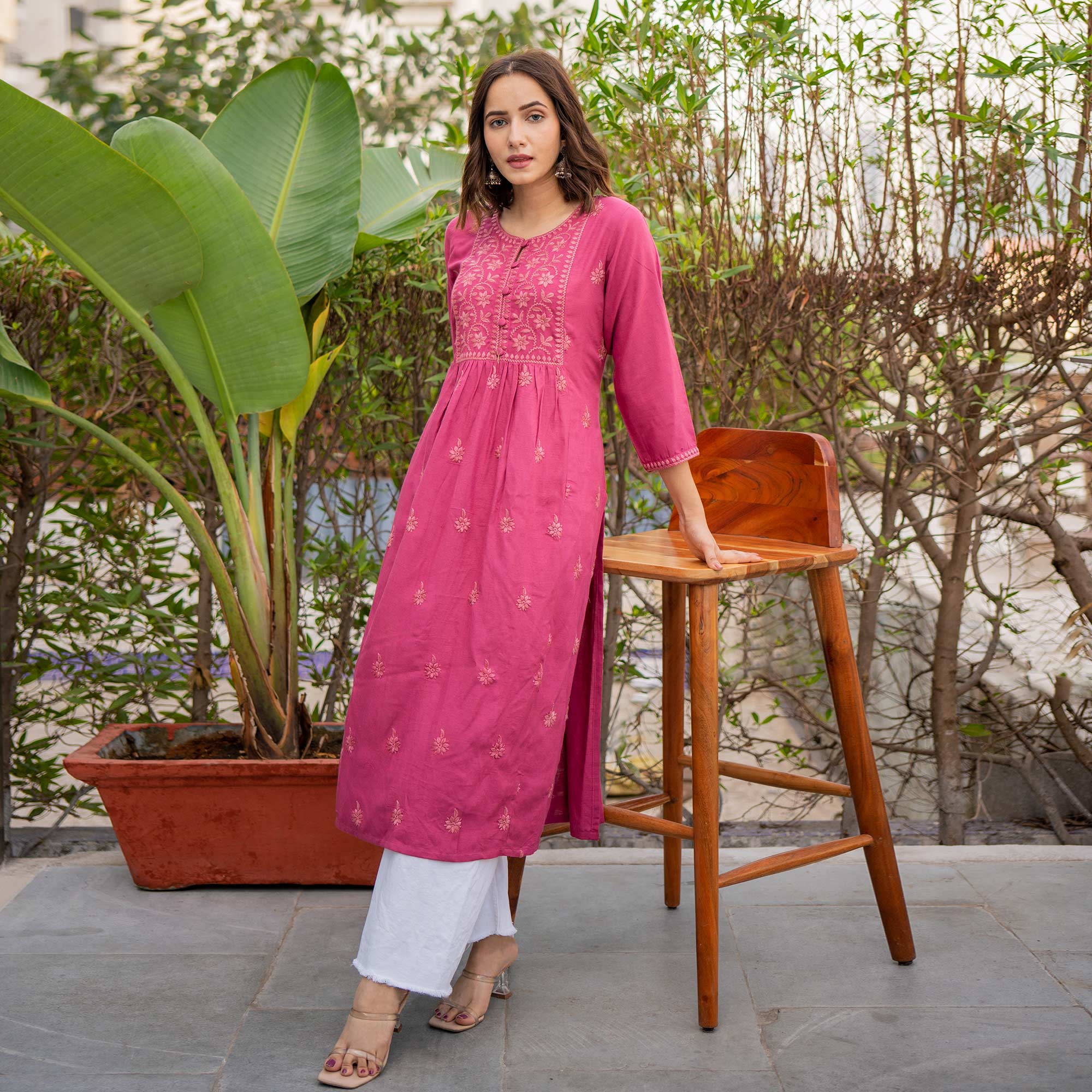 Pink Floral Embroidered Rayon Kurti