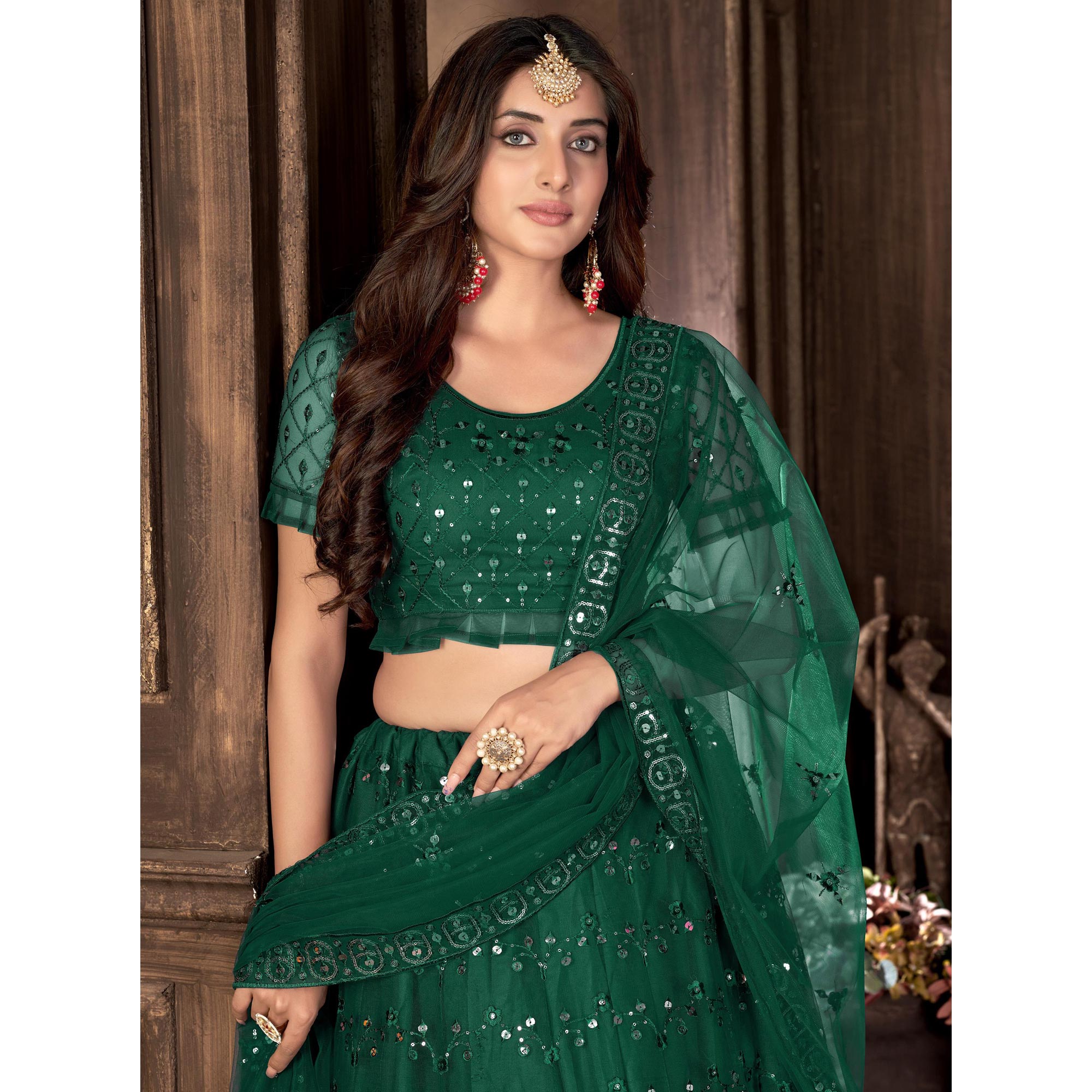 Green Sequins Embroidered Netted Lehenga Choli - Image 2
