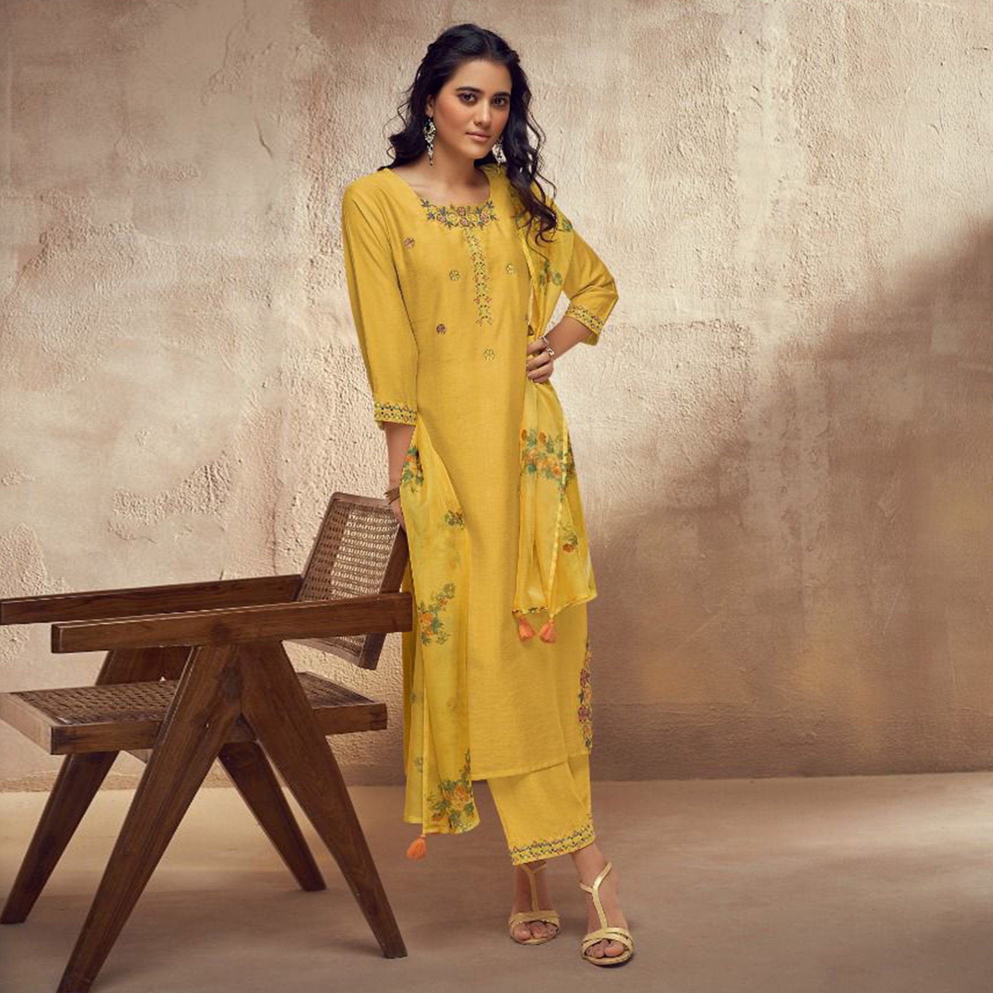 Yellow Floral Embroidered Viscose Suit