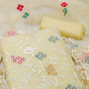 Yellow Sequins Embroidered Organza Dress Material