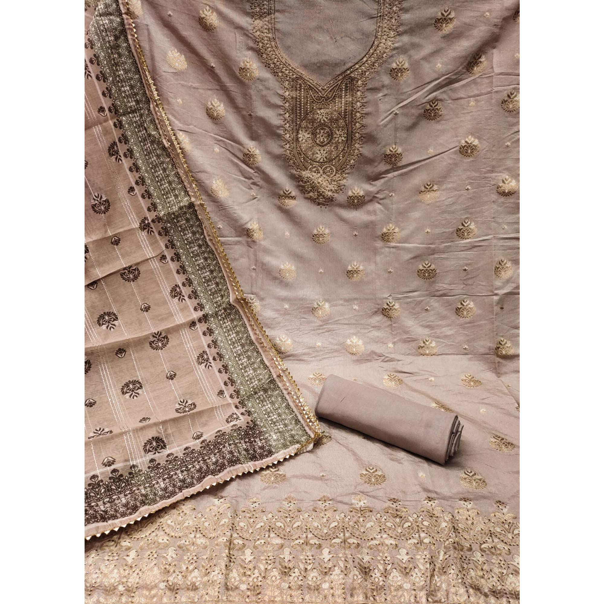 Brown Woven Banarasi Silk Dress Material