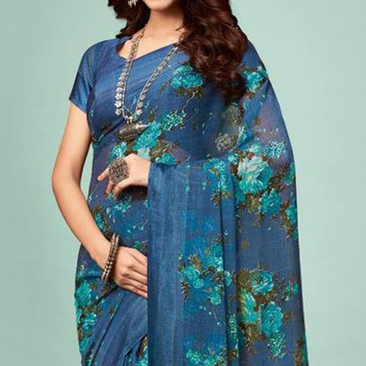 Blue Floral Printed Georgette Saree