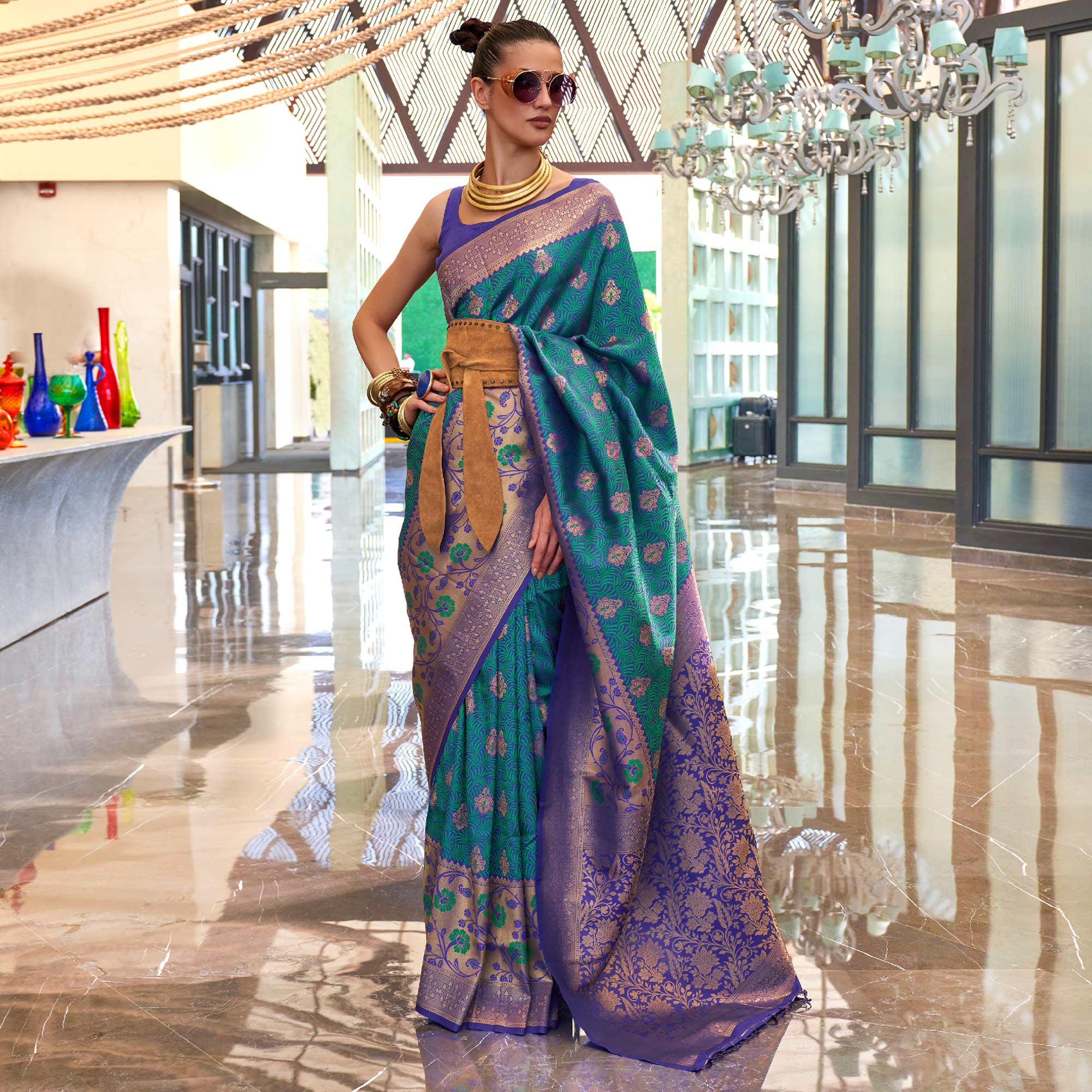 Blue Floral Woven Art Silk Saree With Tassels