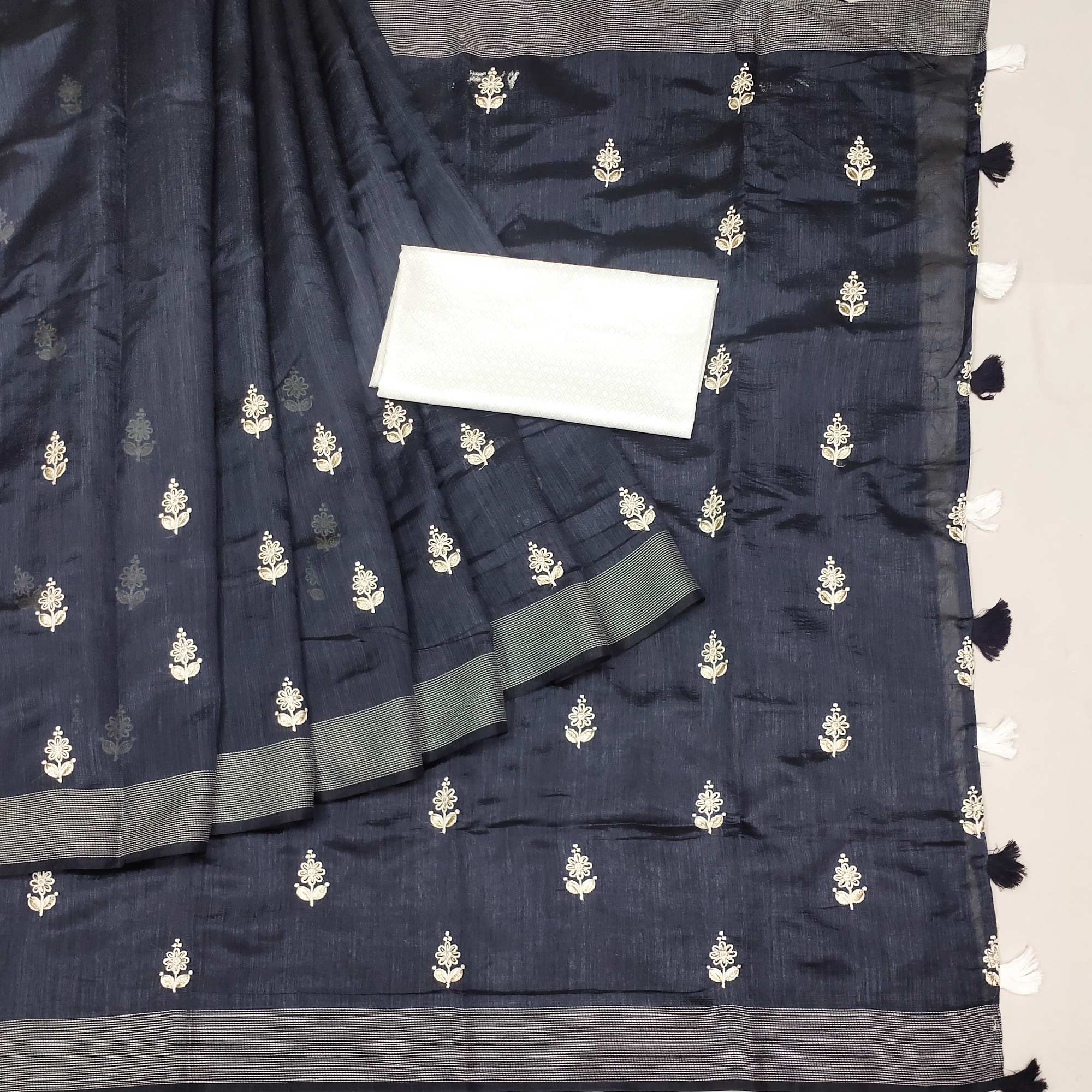 Black Floral Embroidered Cotton Blend Saree