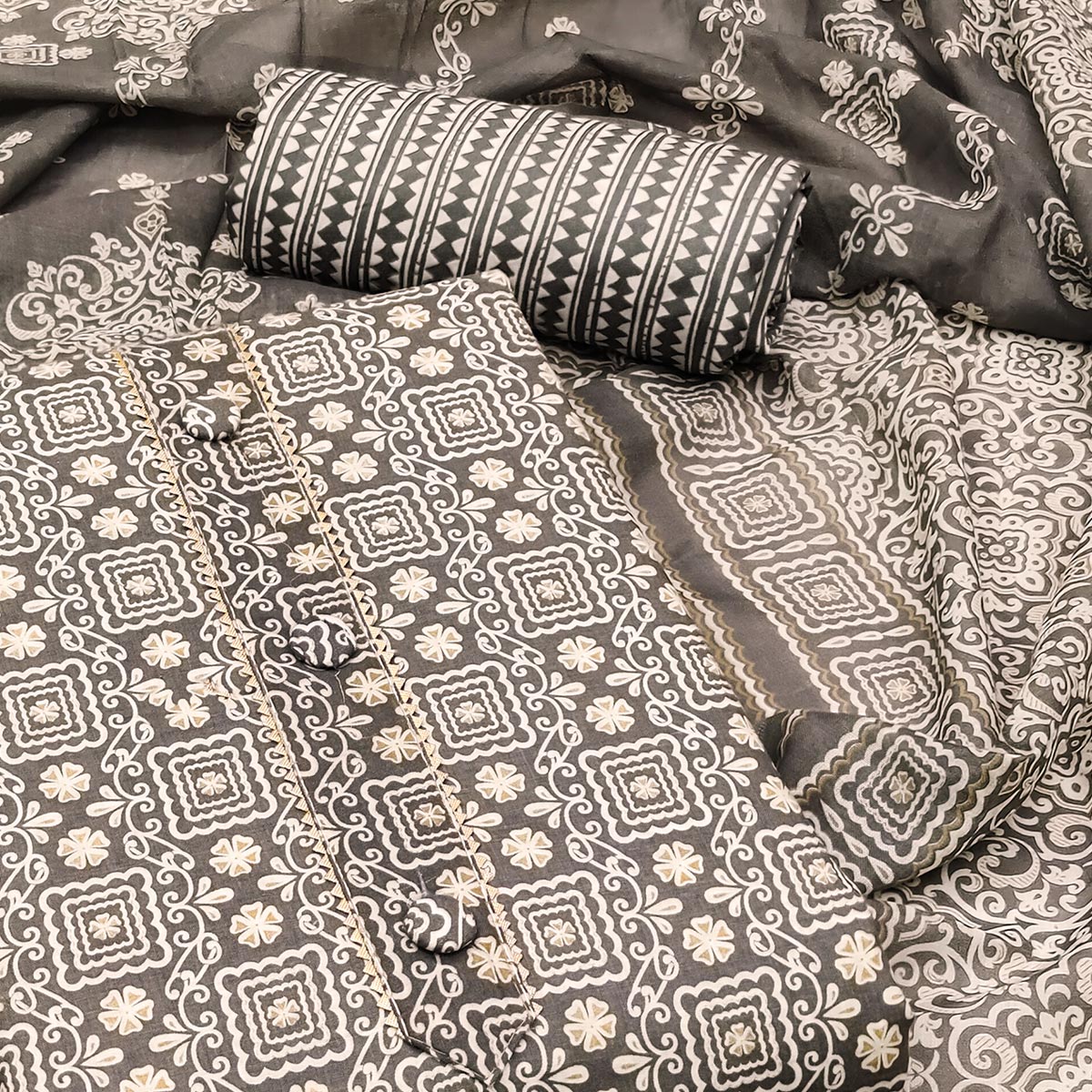 Grey Floral Printed Cotton Dress Material