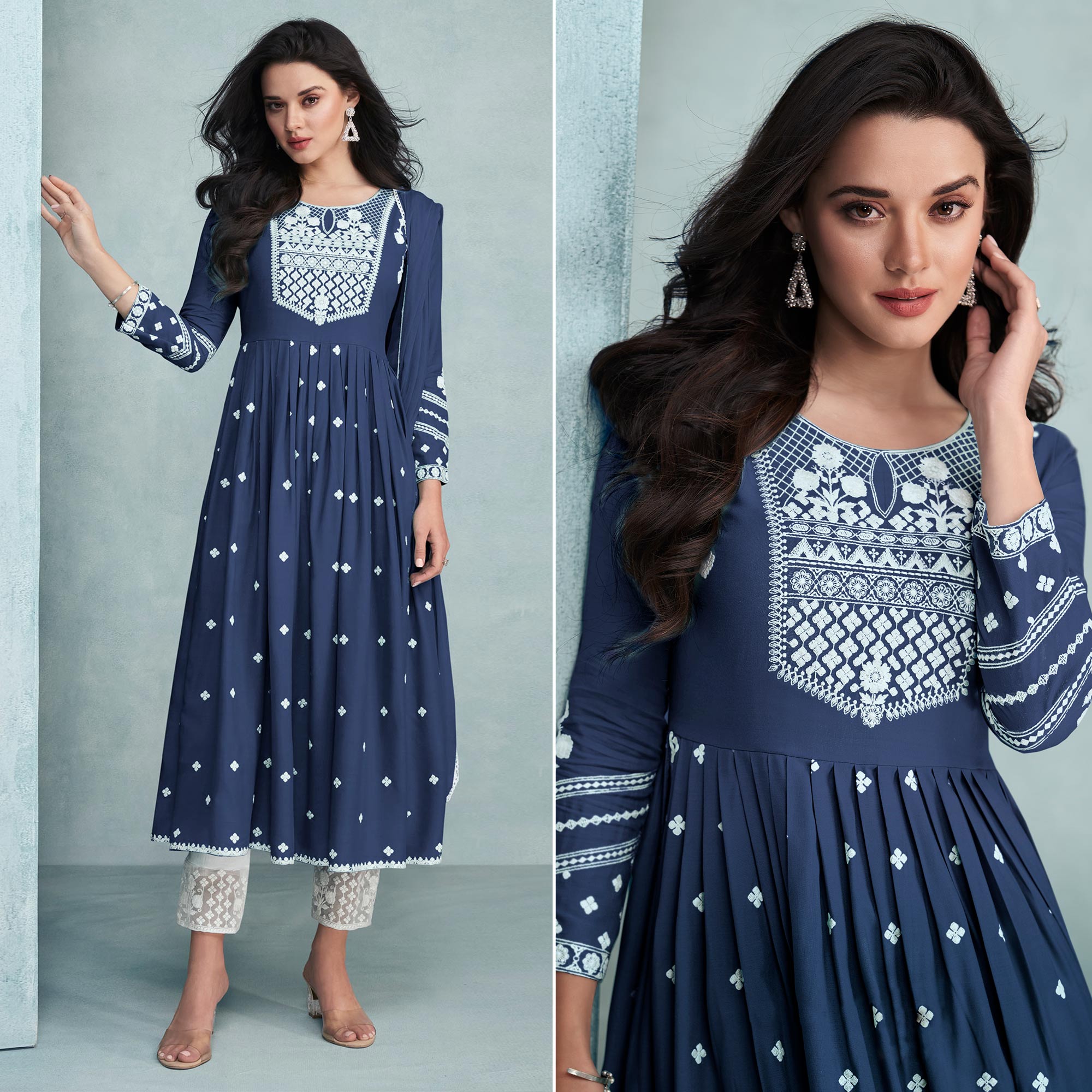Blue Lucknowi Work Rayon Naira Cut Suit