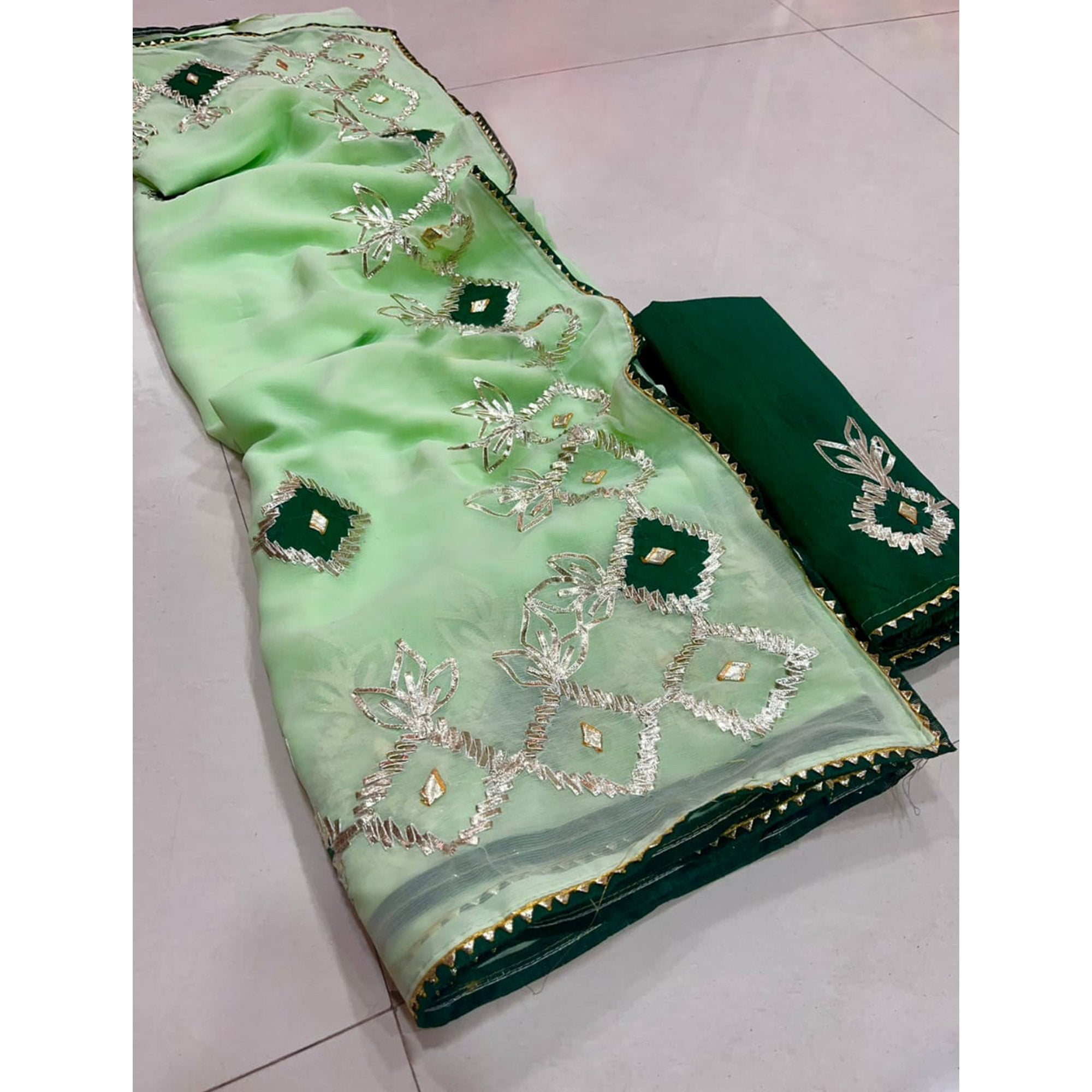 Green Gota With Patch Work Chiffon Saree