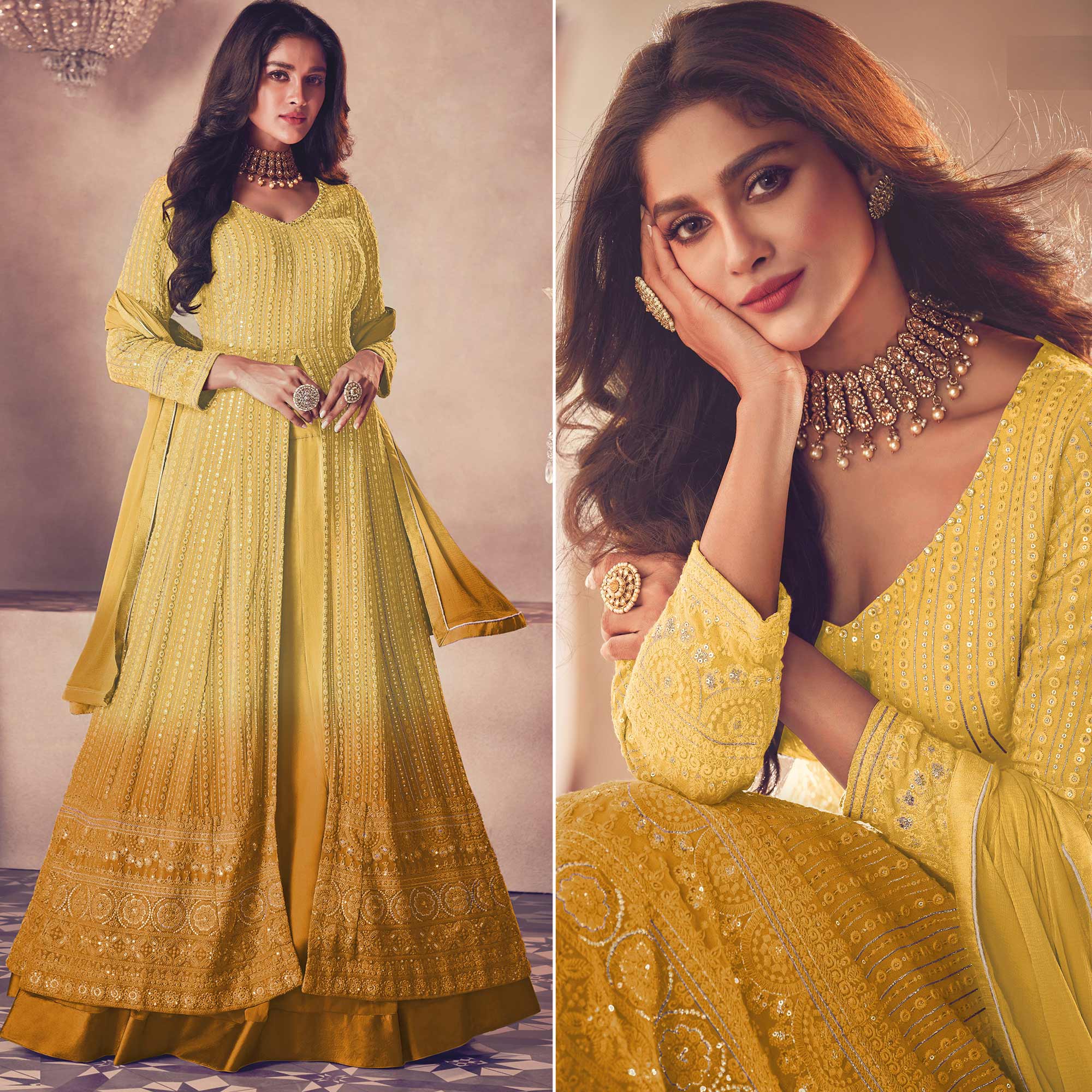 Yellow Sequins Embroidered Georgette Front Slit Suit