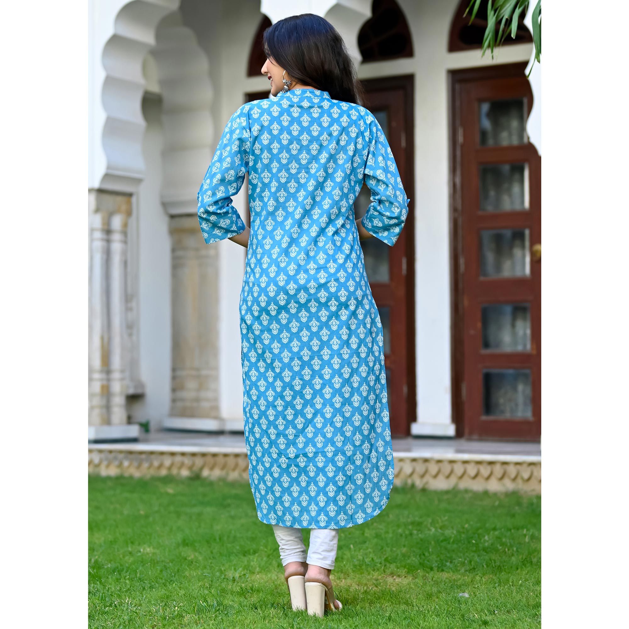 Blue Floral Printed Pure Cotton Kurti