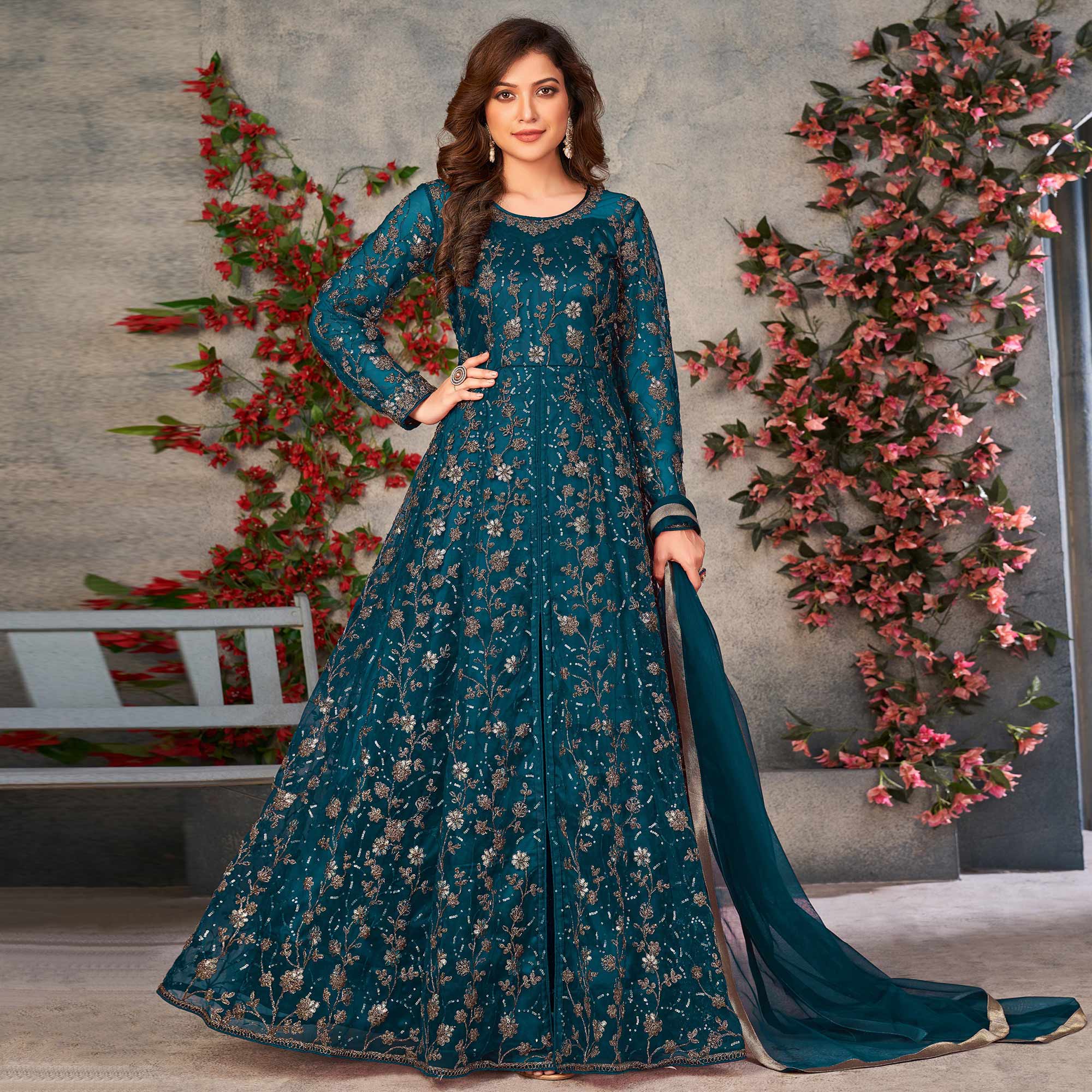 Sea Blue Zardosi Work Netted Gown - Image 1