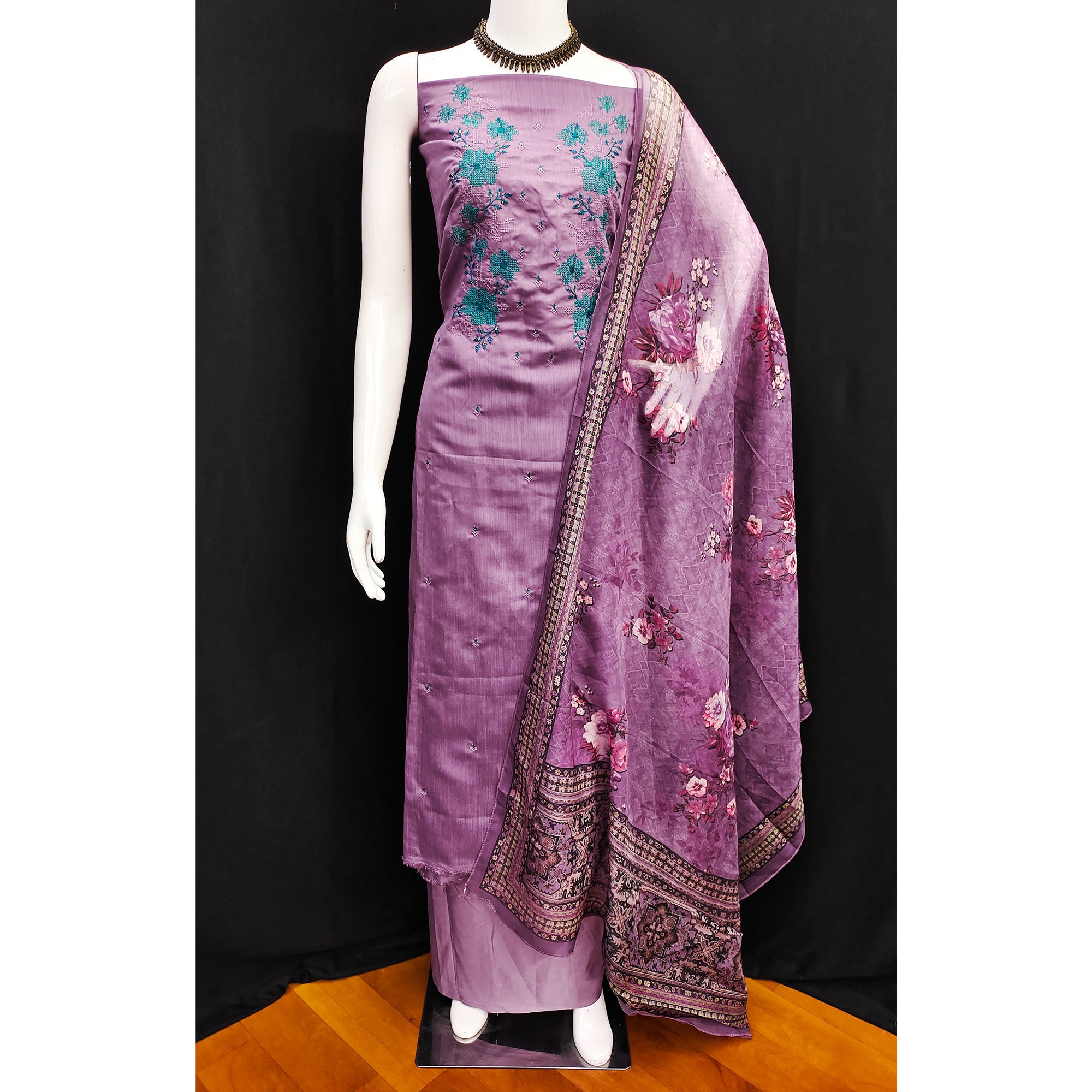 Mauve Floral Sequins Embroidered Art Silk Dress Material