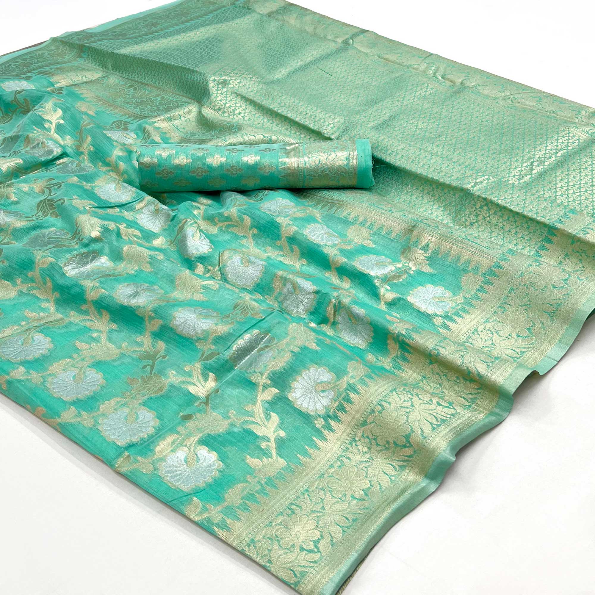 Rama Green Floral Woven Linen Saree