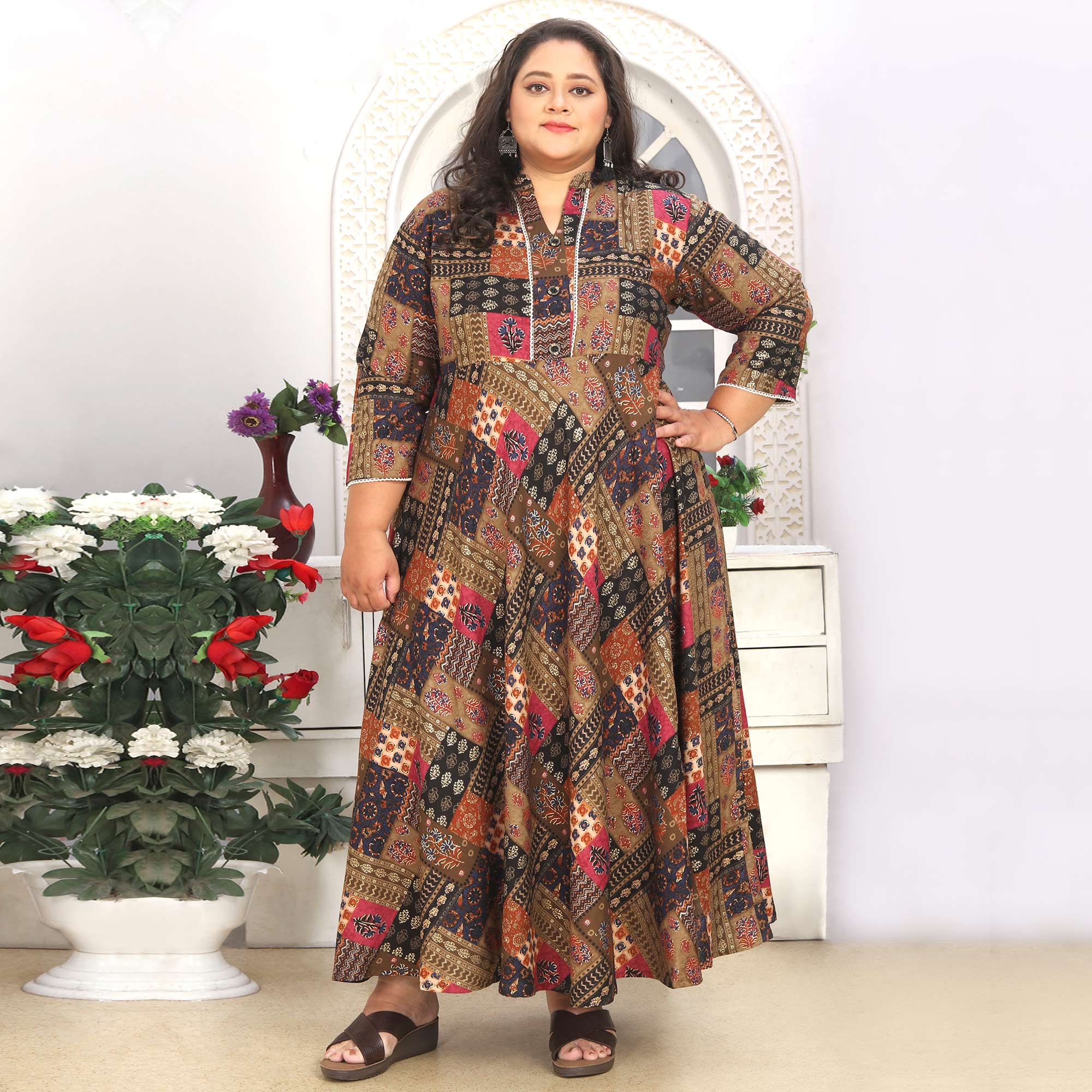 Brown Floral Printed Rayon Long Kurti