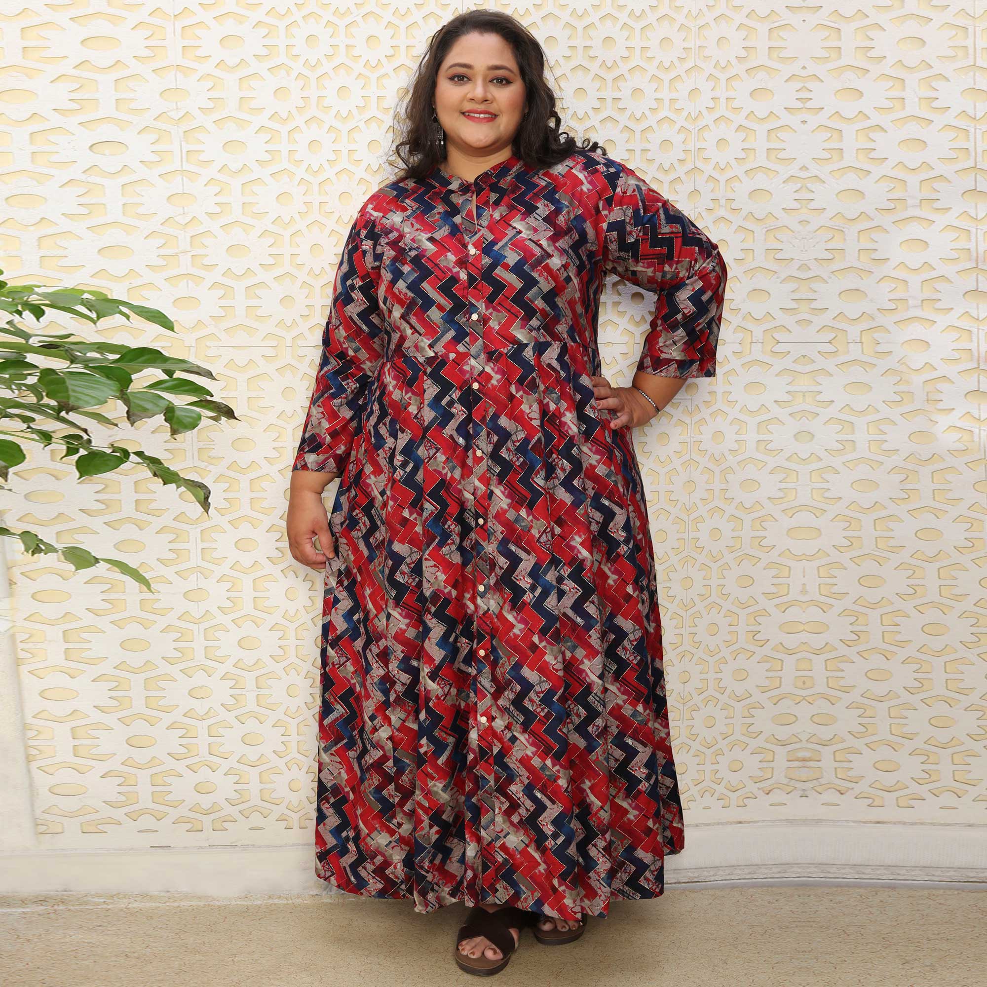 Red & Blue Geometric Strip Printed Rayon Long Kurti