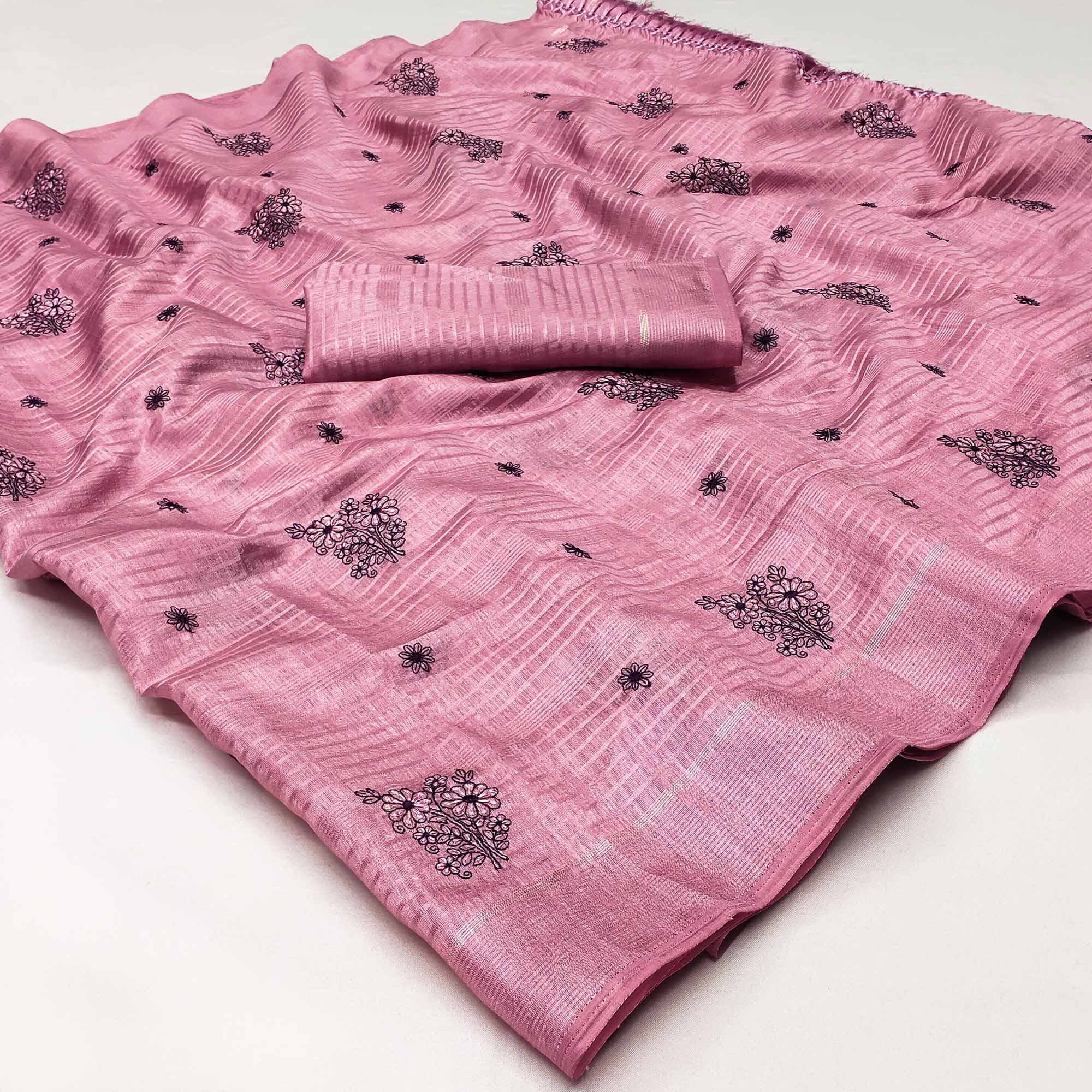 Pink Floral Embroidered Art Silk Saree