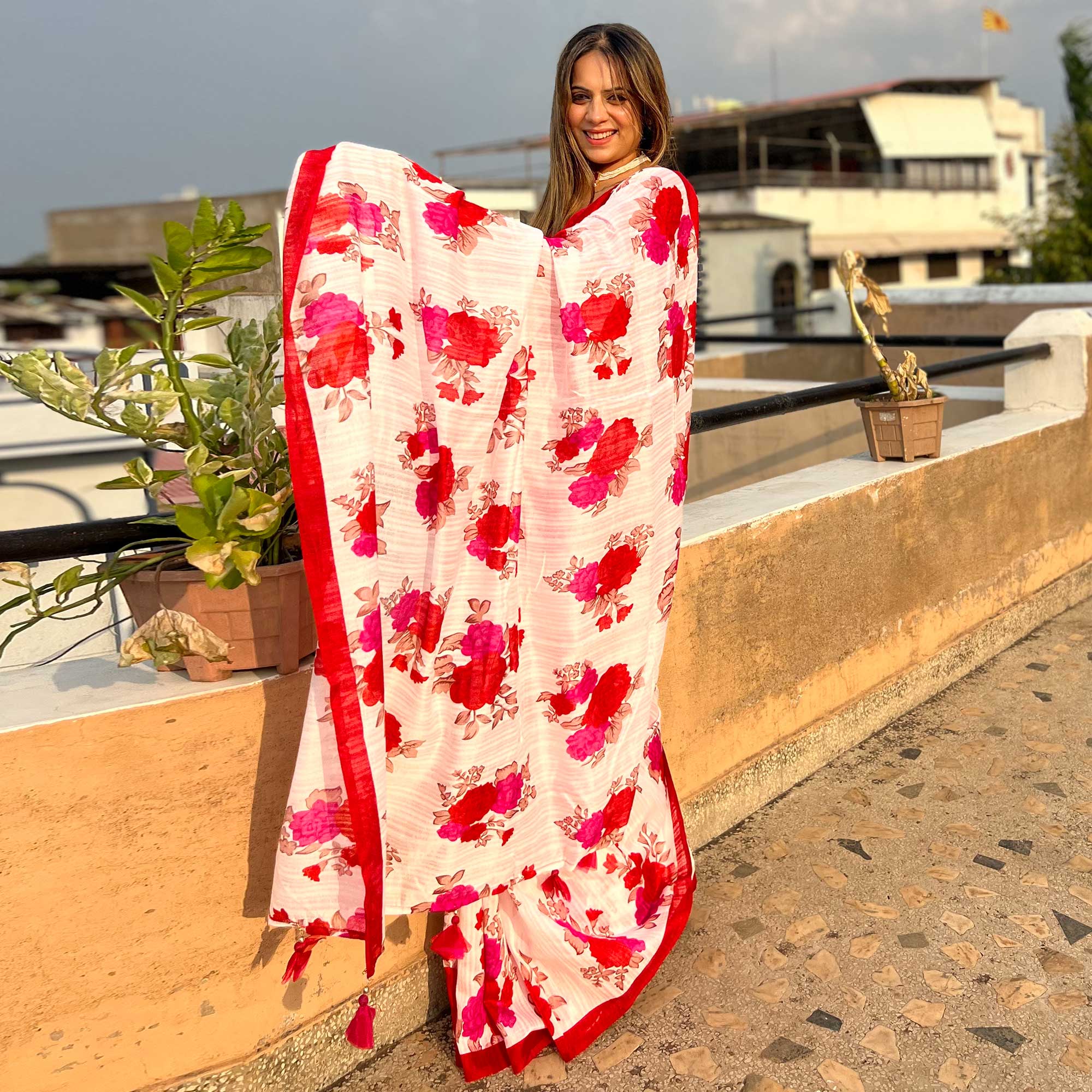White & Red Digital Printed Cotton Silk Saree
