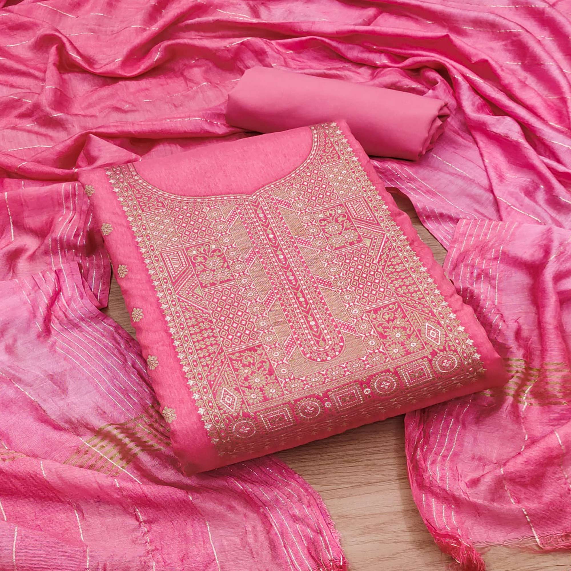 Pink Woven Banarasi Silk Dress Material