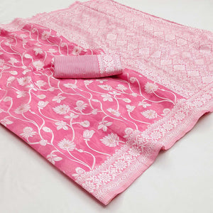 Pink Floral Woven Jacquard Saree