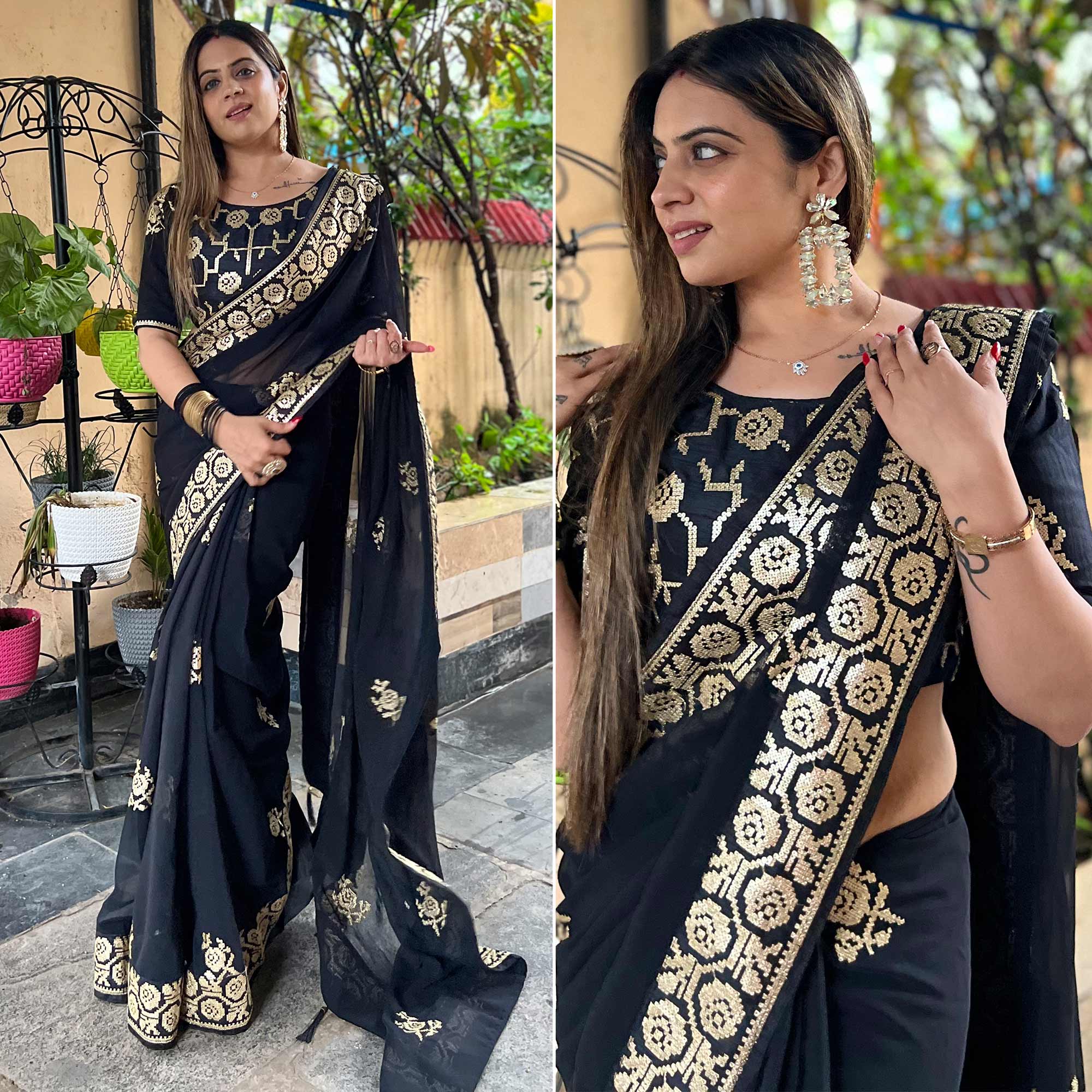 Black Sequins Embroidered Georgette Saree