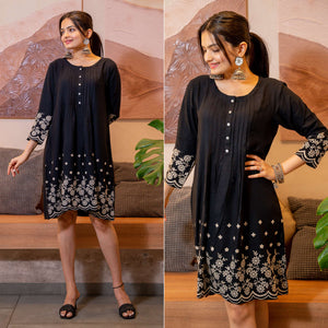 Black Floral Embroidered Rayon Dress