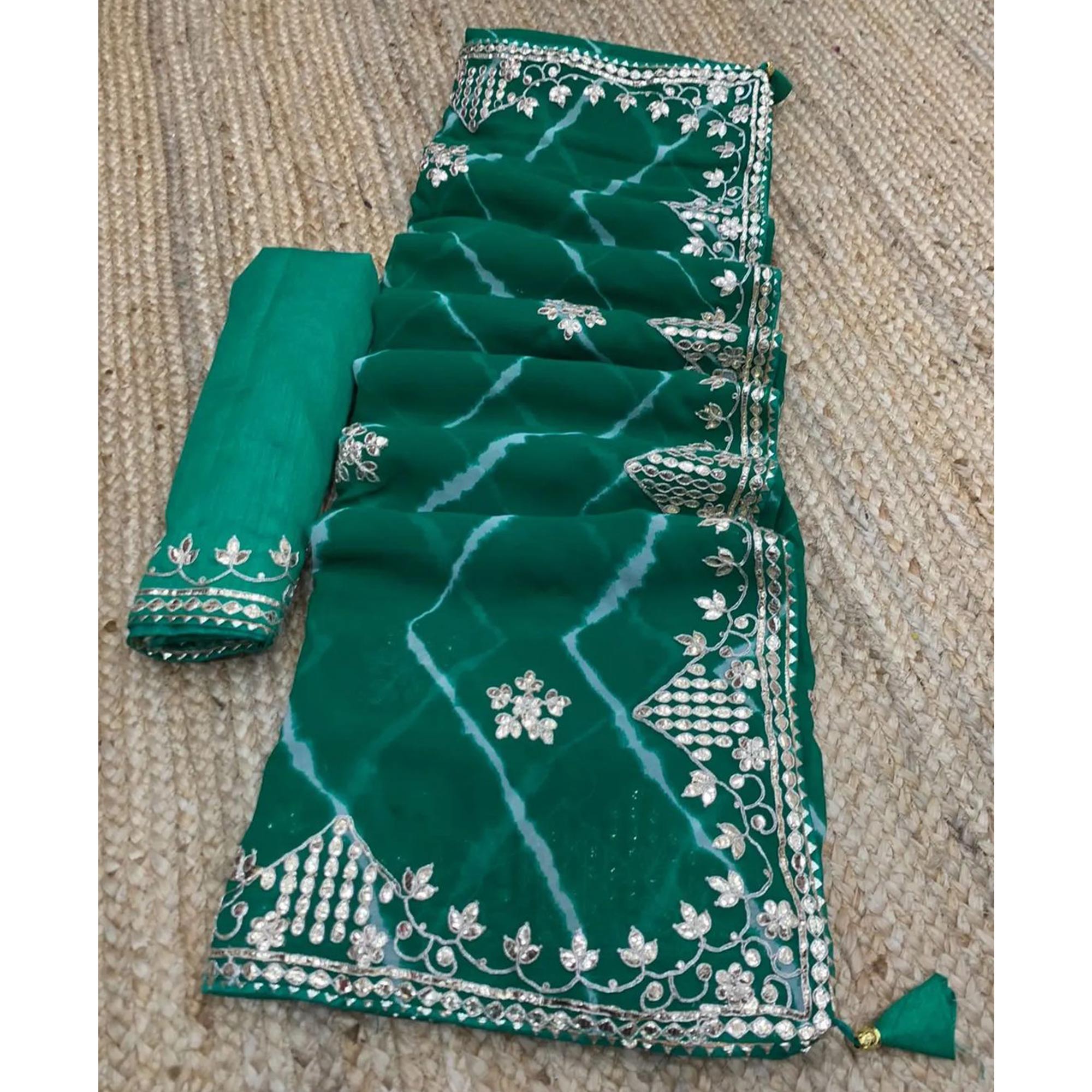 Green Printed With Gota Work Georgette Saree