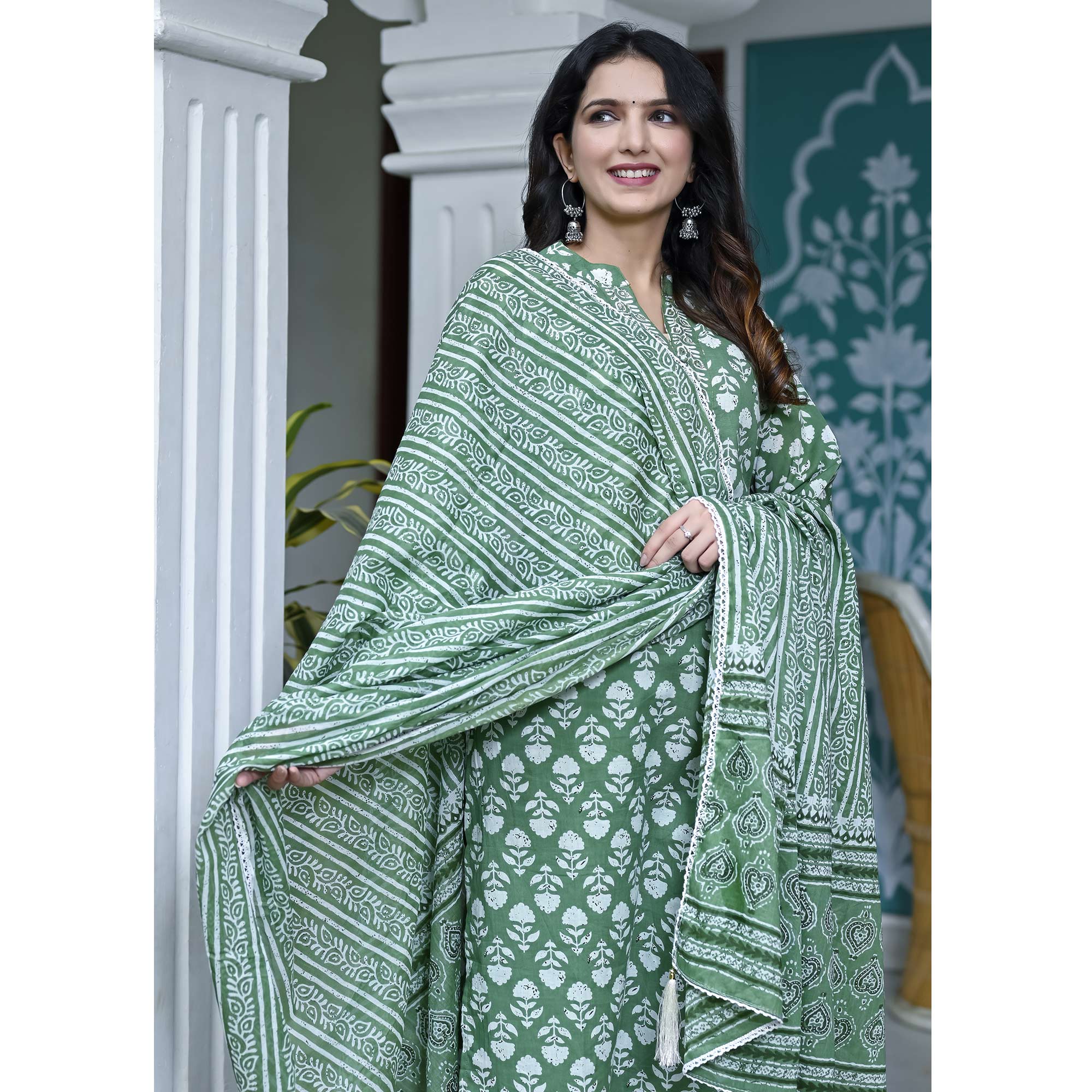 Green Floral Printed Pure Cotton Suit