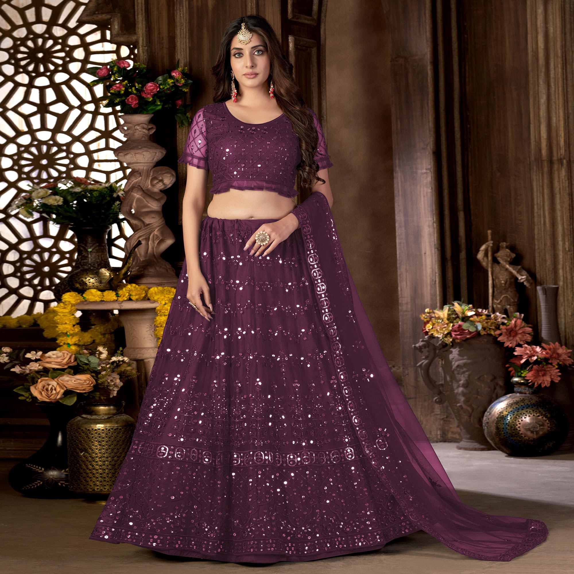 Wine Sequins Embroidered Netted Lehenga Choli - Image 1
