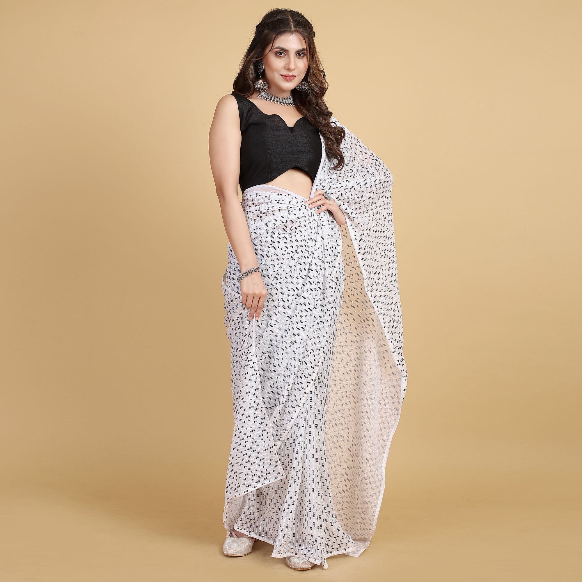 White & Black Sequins Embroidered Georgette Saree