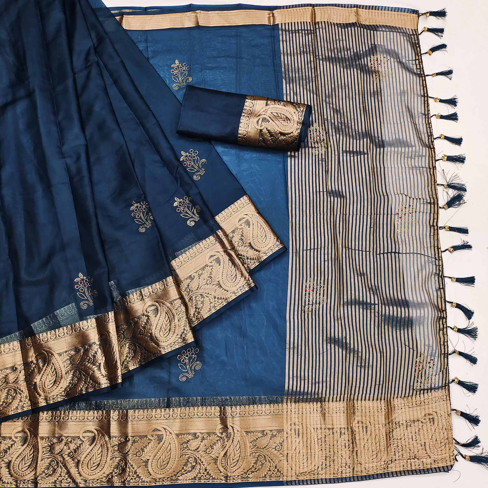 Navy Blue Floral Foil With Woven Border Organza Saree