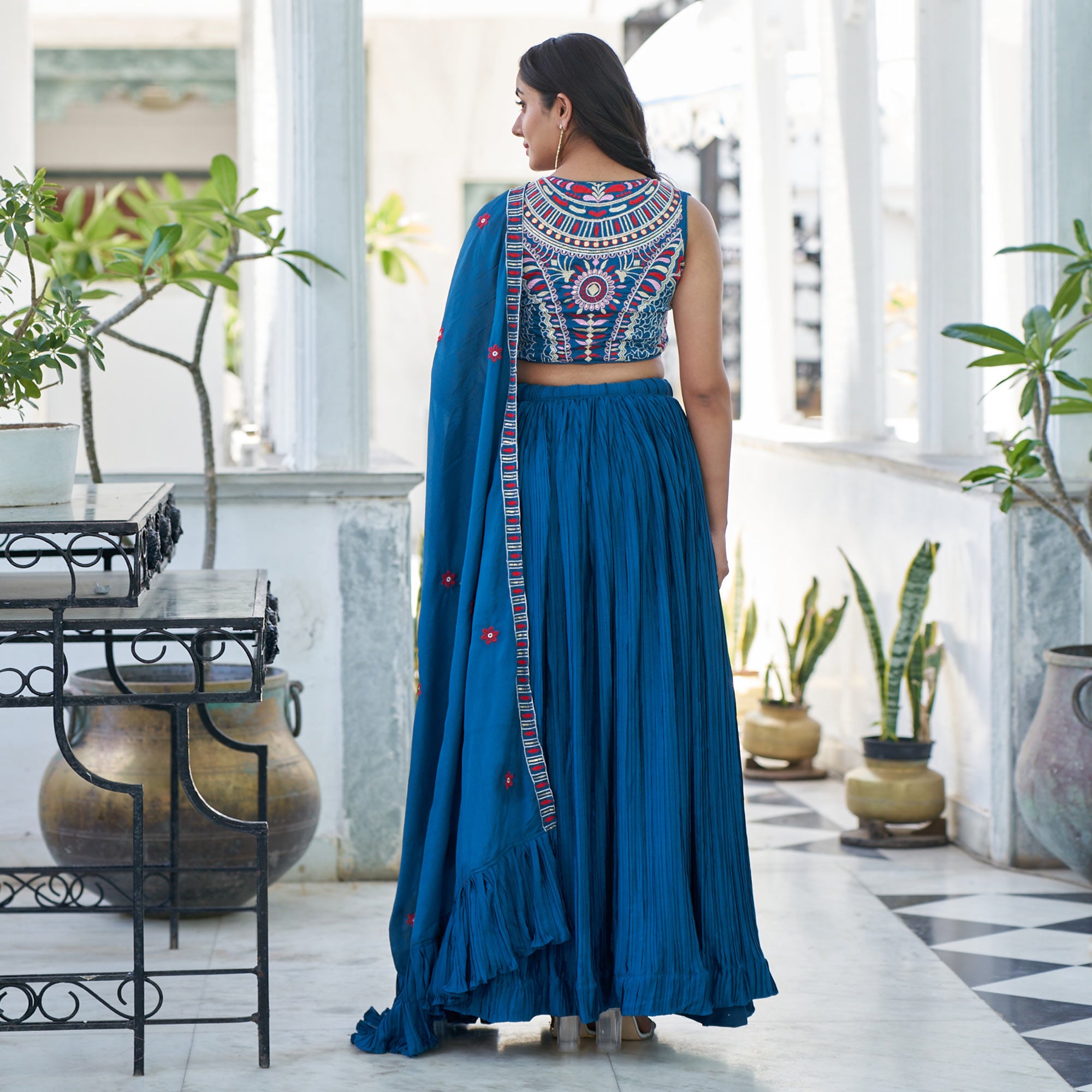 Blue Sequins Embroidered Chiffon Plated Lehenga Choli