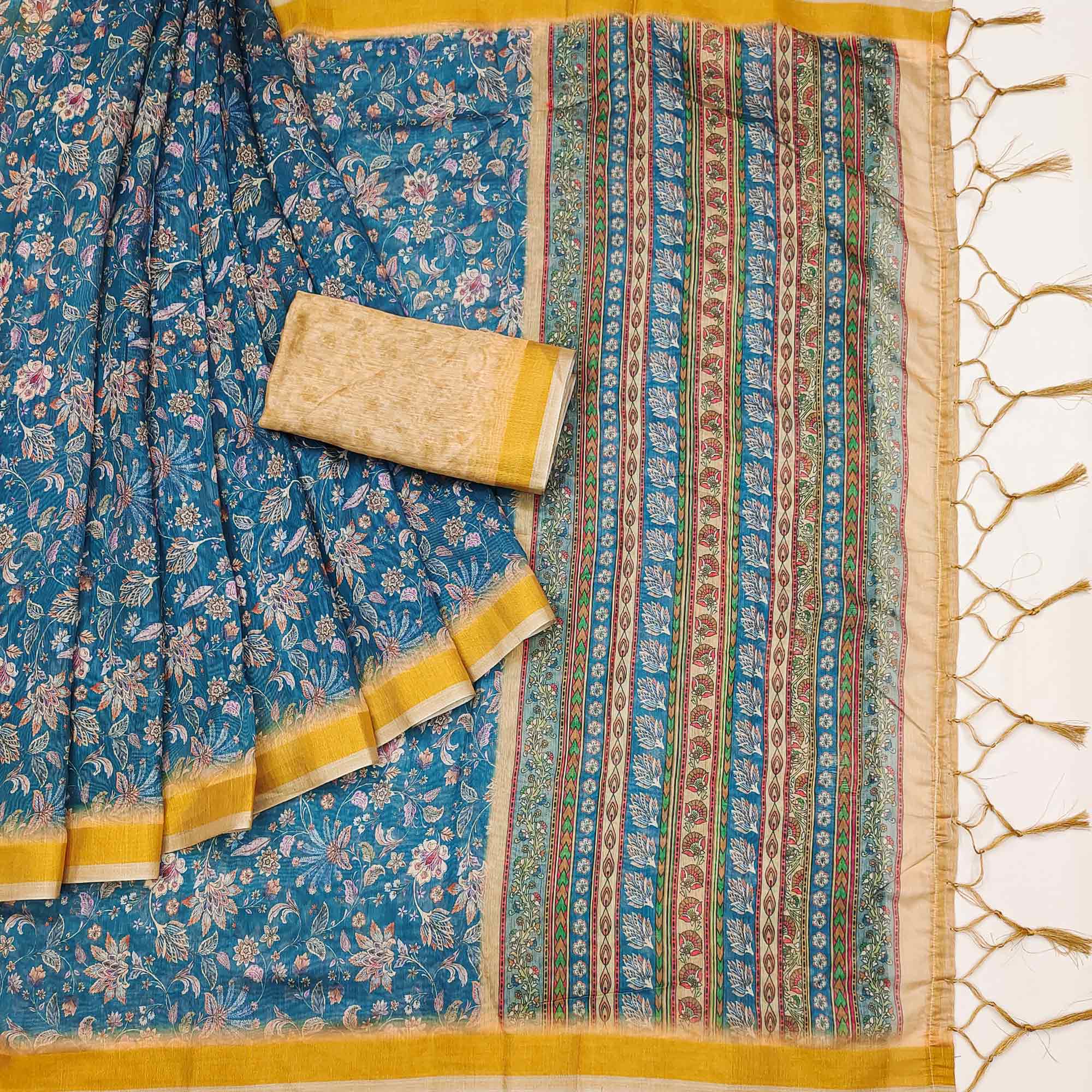 Blue Floral Digital Printed Linen Saree