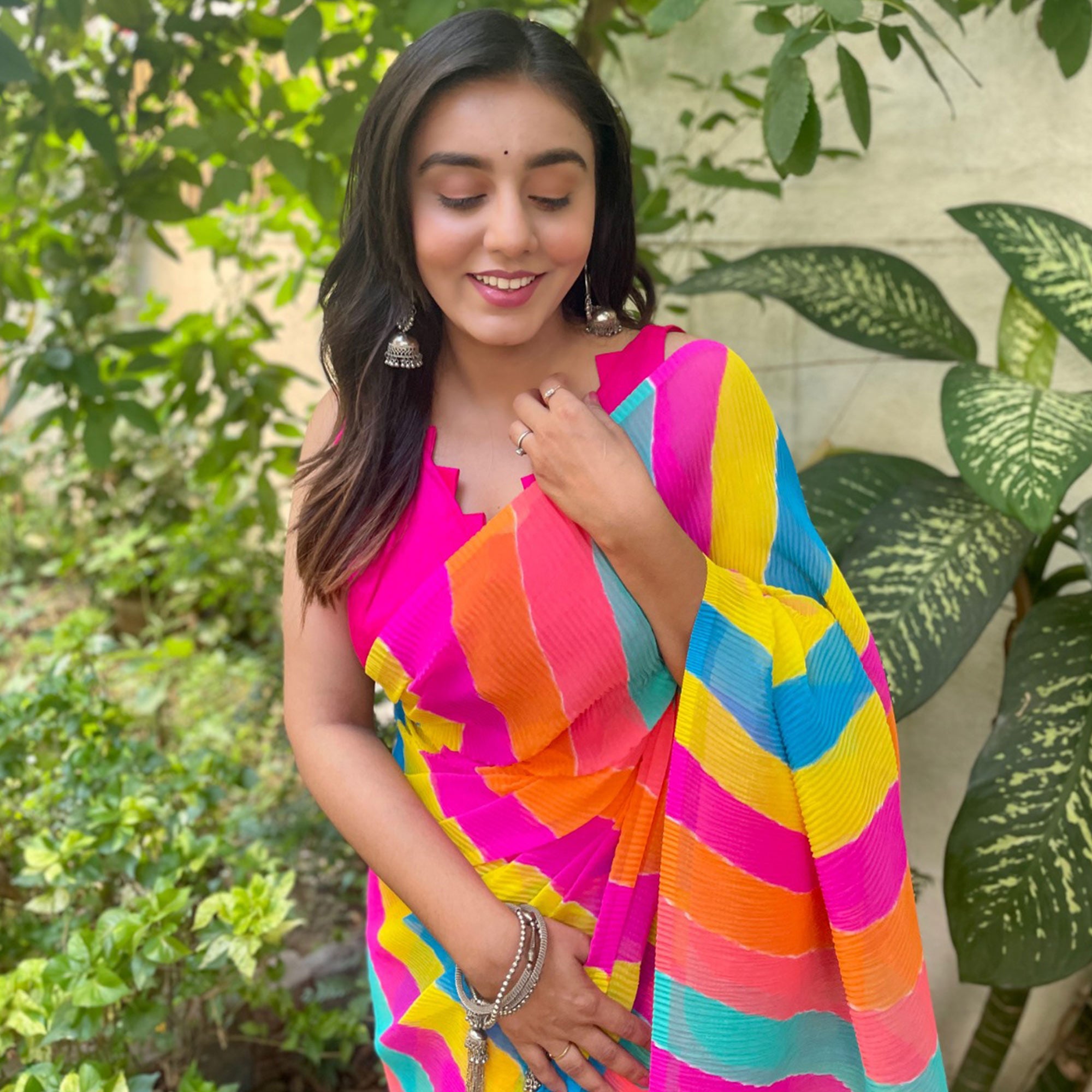 Multicolor Striped Printed Crush Georgette Saree