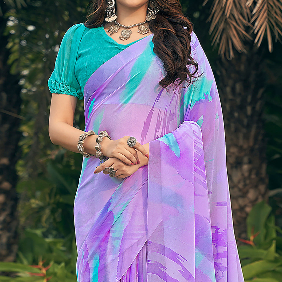 Light Violet Printed Georgette Saree