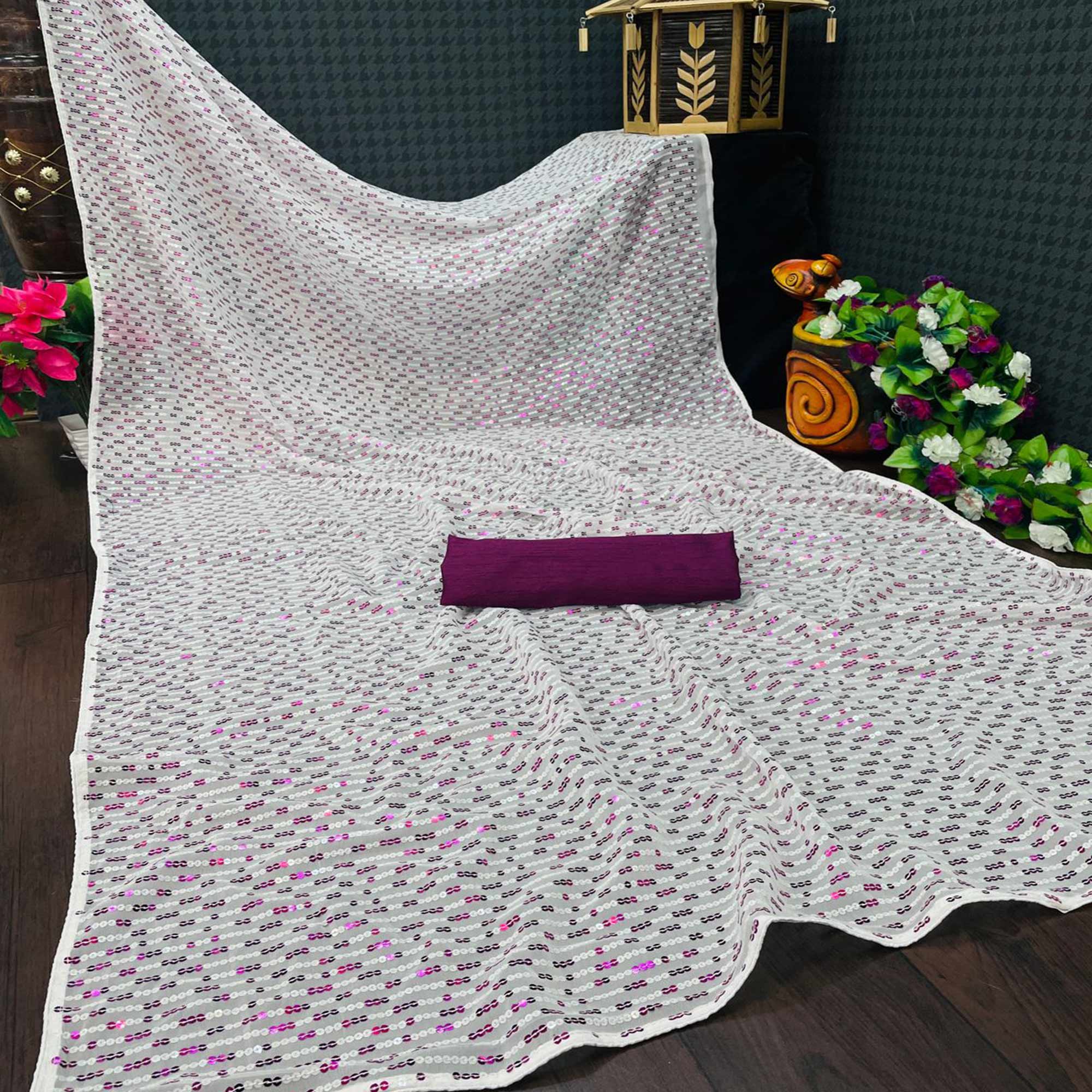 White & Wine Sequins Embroidered Georgette Saree