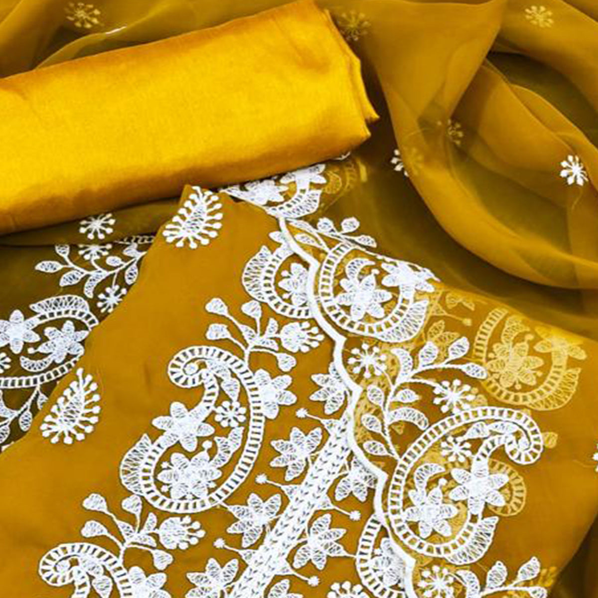 Mustard Embroidered Georgette Dress Material