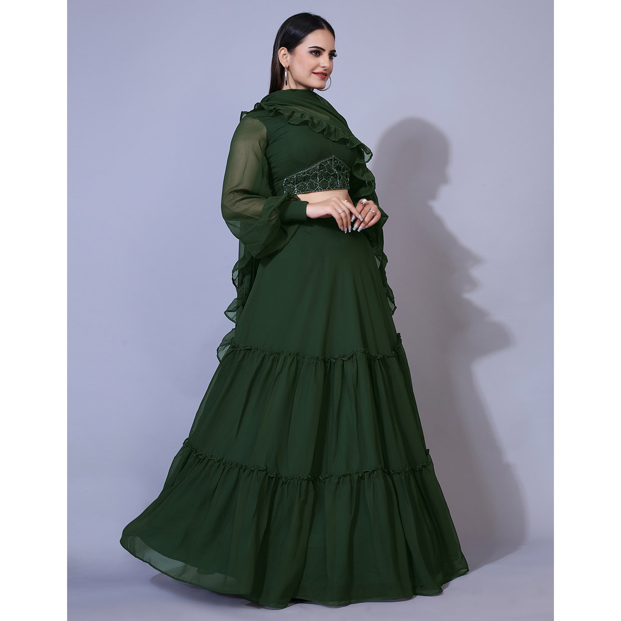 Green Solid With Handwork Georgette Lehenga Choli - Image 6