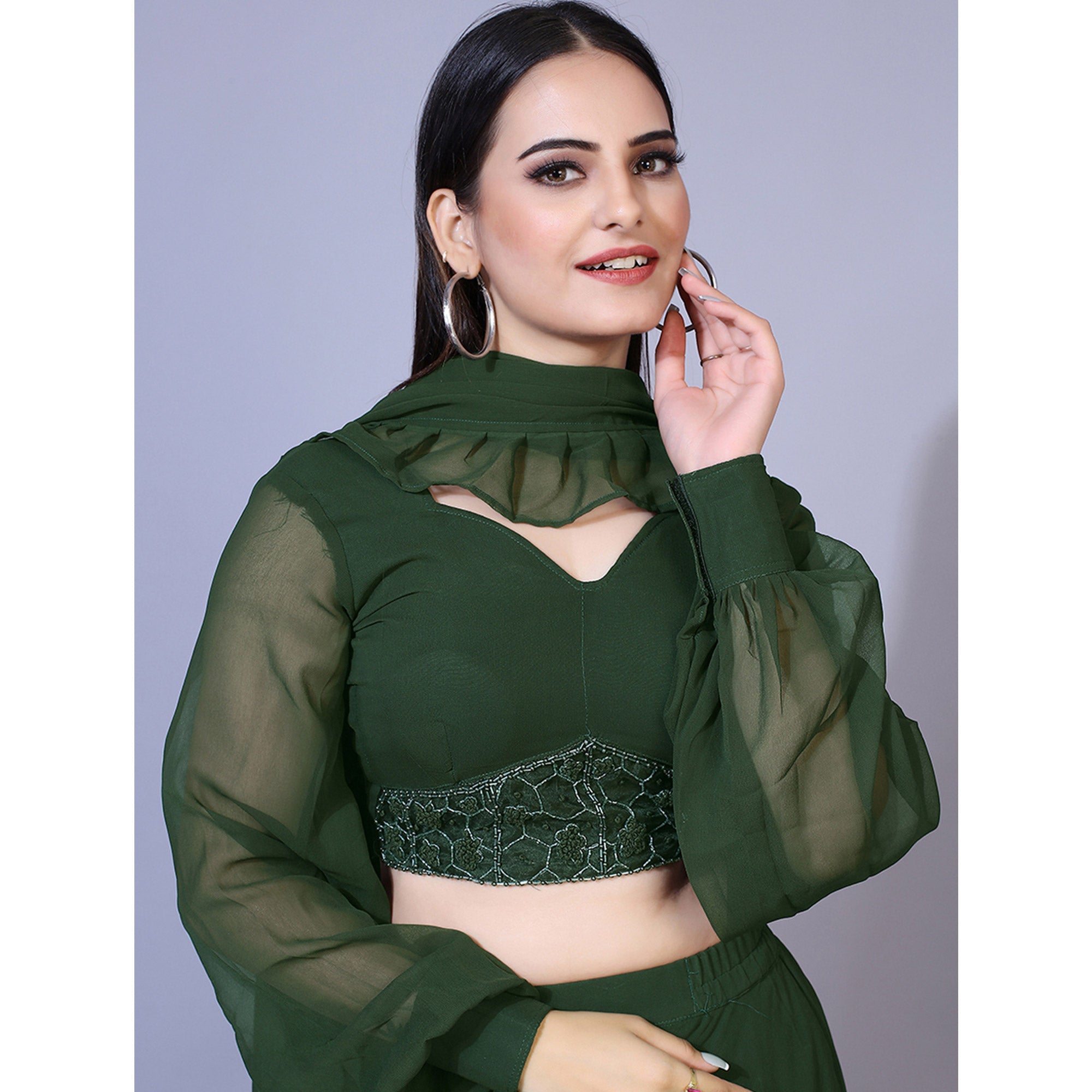 Green Solid With Handwork Georgette Lehenga Choli - Image 3