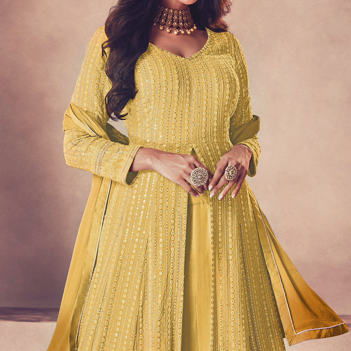 Yellow Sequins Embroidered Georgette Front Slit Suit