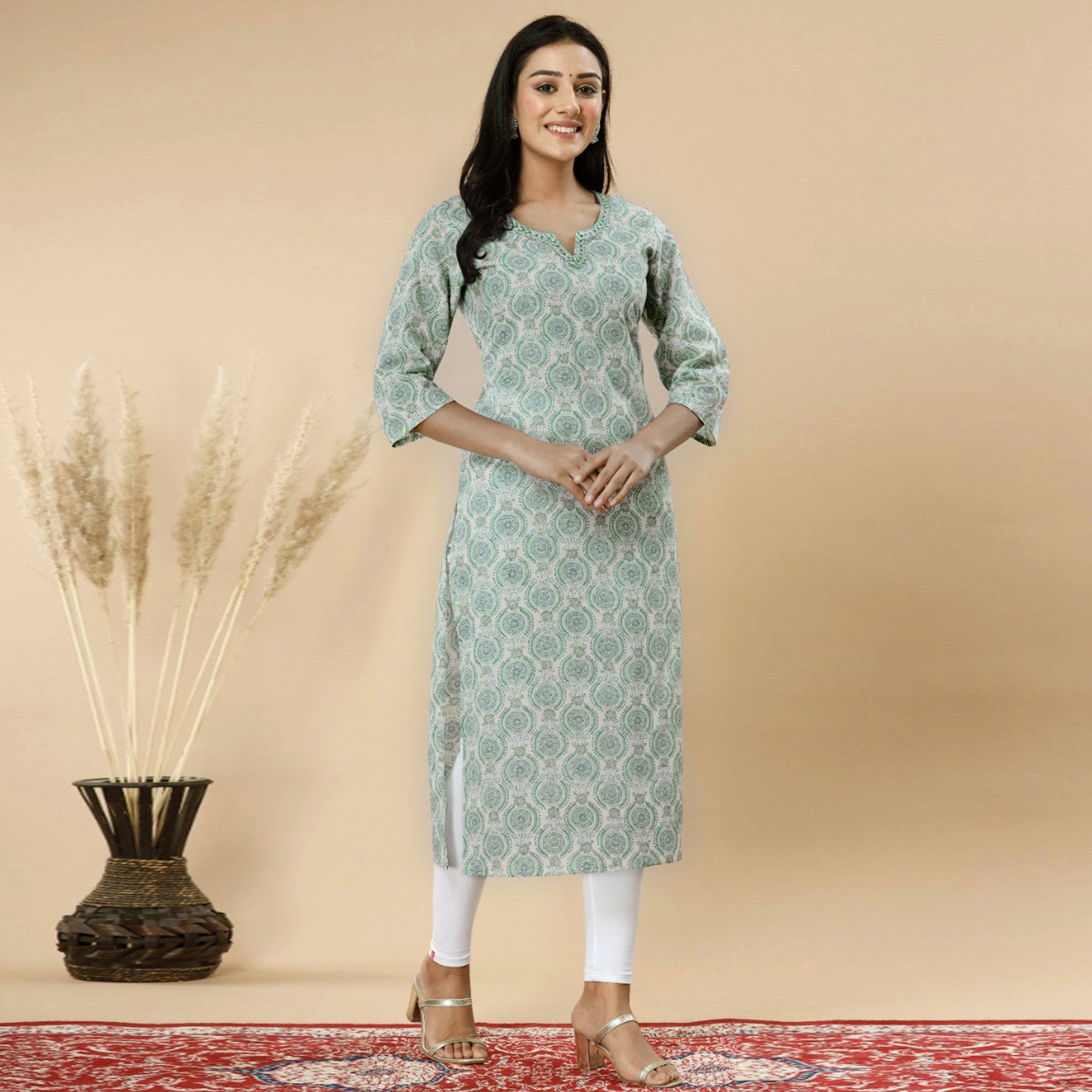 Green Floral Printed Pure Cotton Kurti