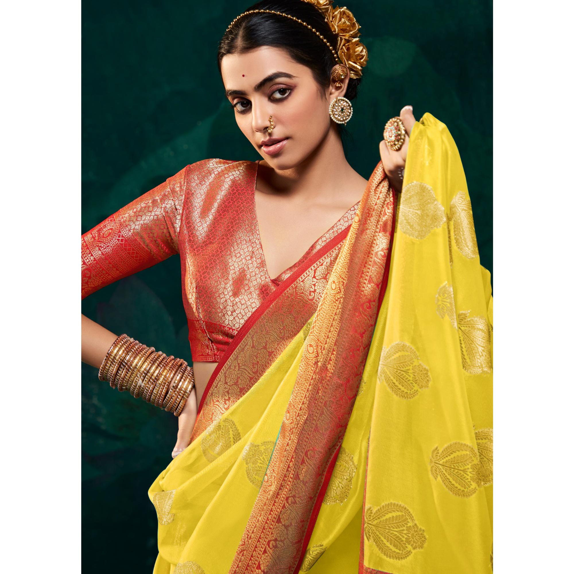 Yellow Floral Woven Organza Saree