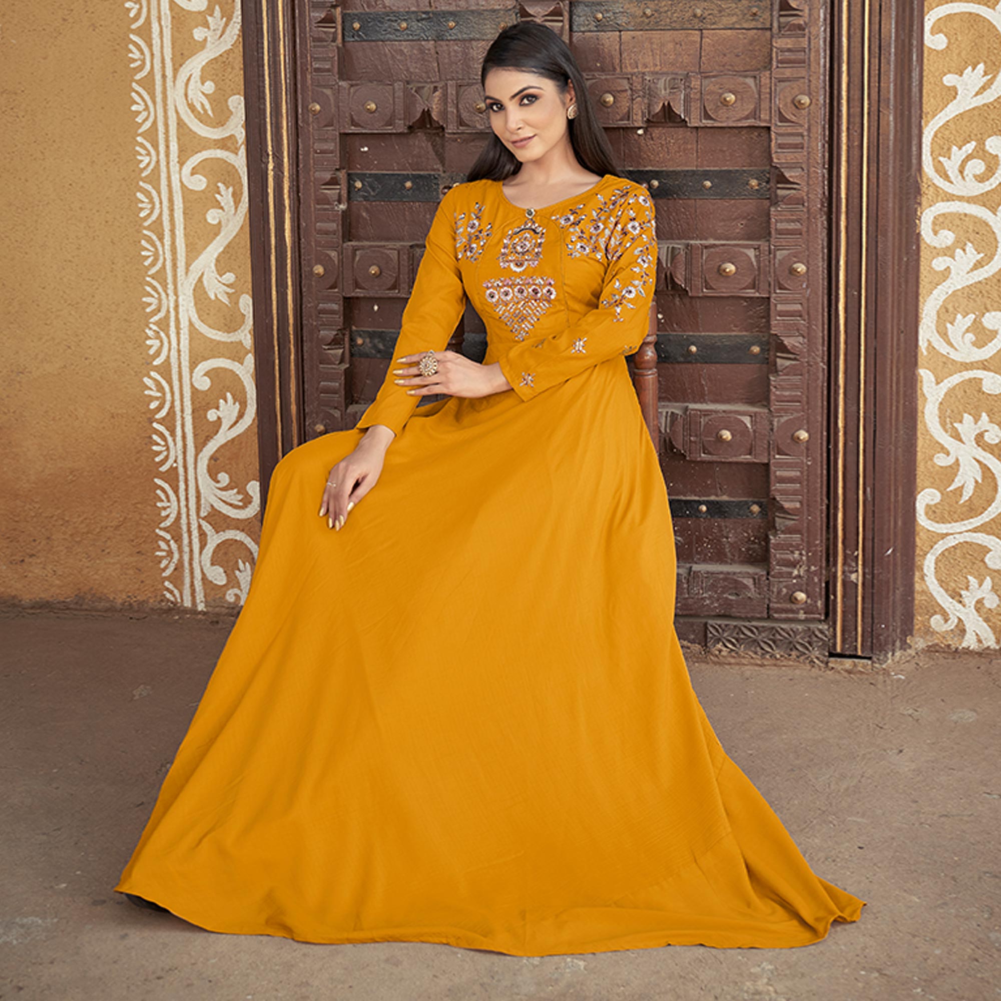 Mustard Floral Embroidered Muslin Gown - Image 2