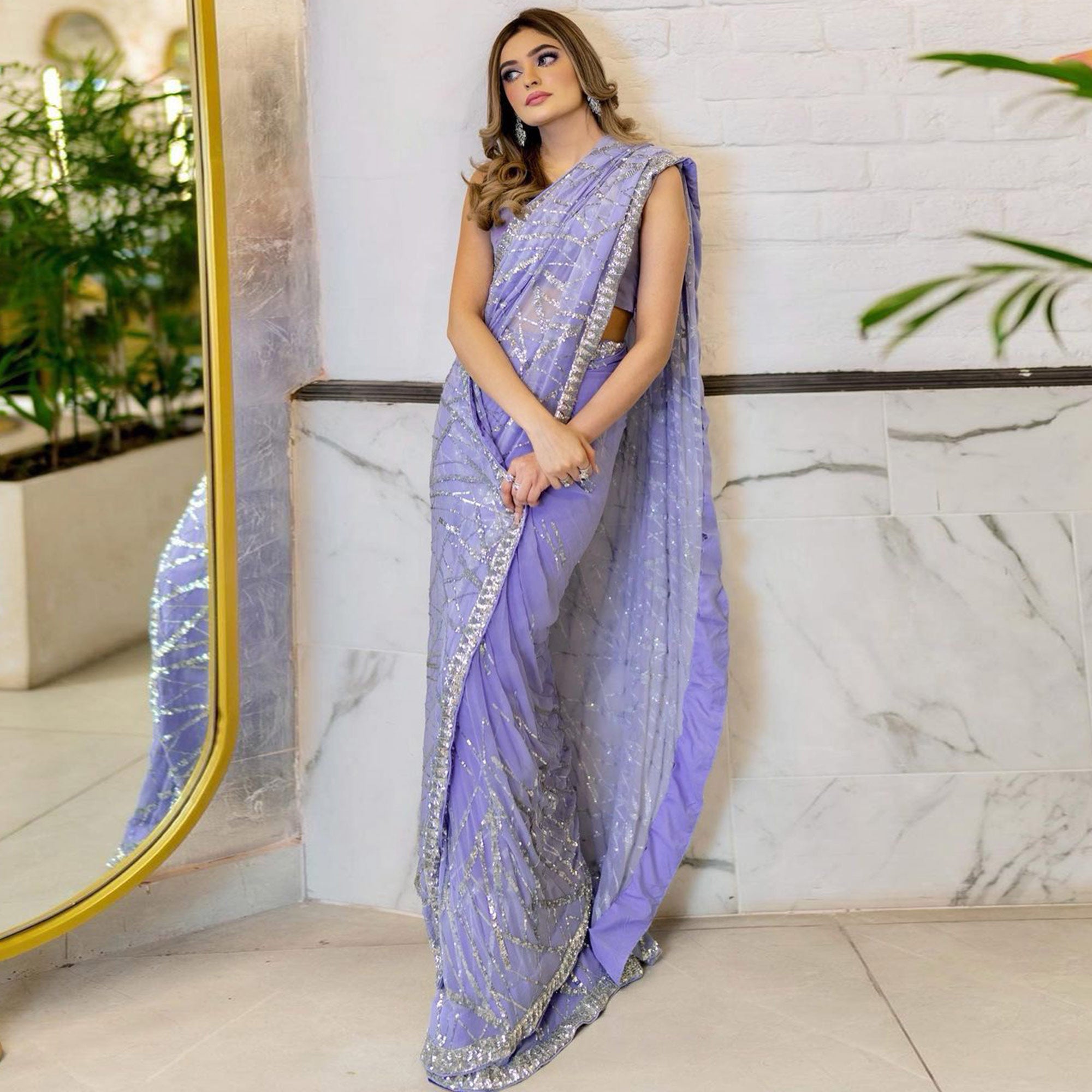 Light Purple Sequins Embroidered Georgette Saree