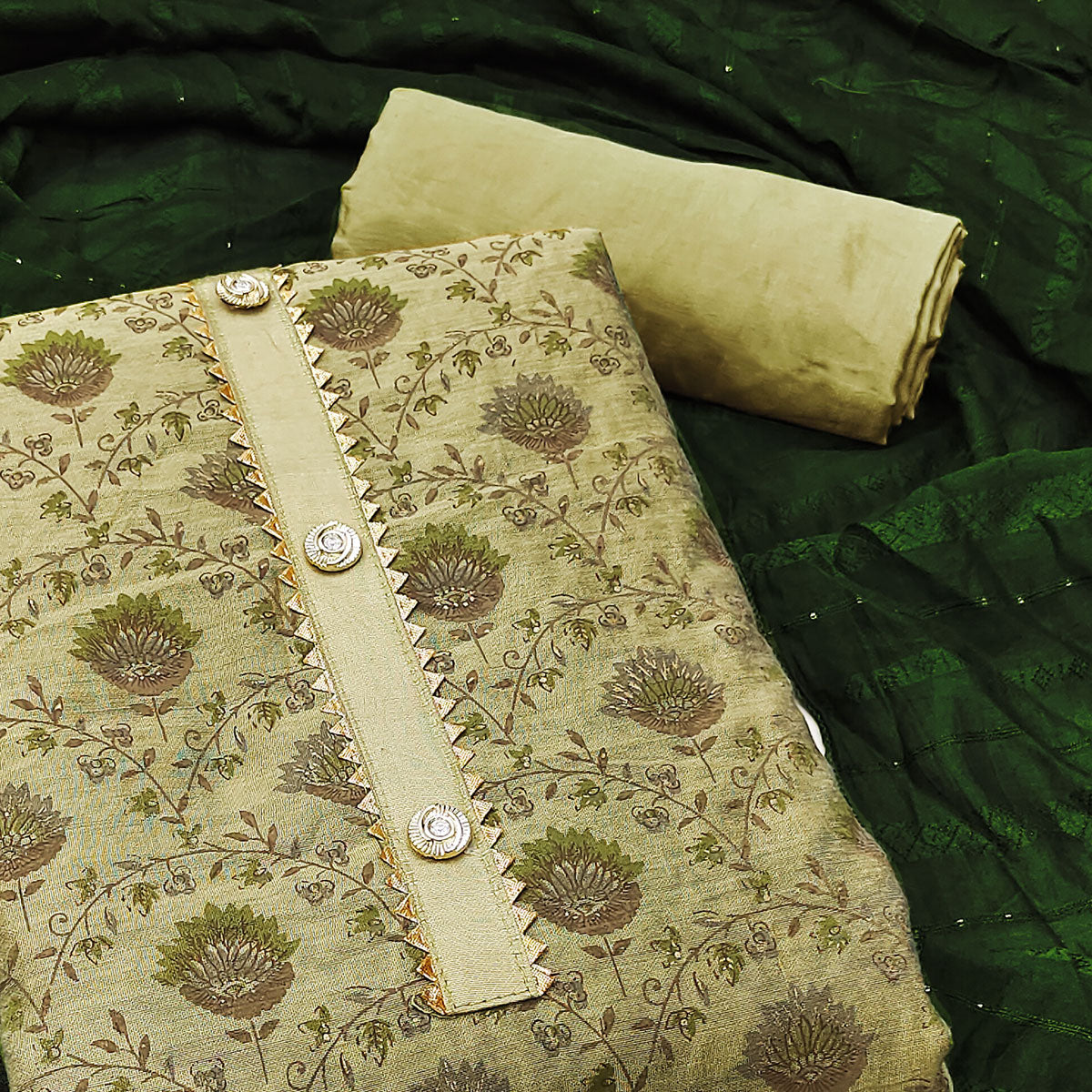 Green Floral Printed Chanderi Dress Material