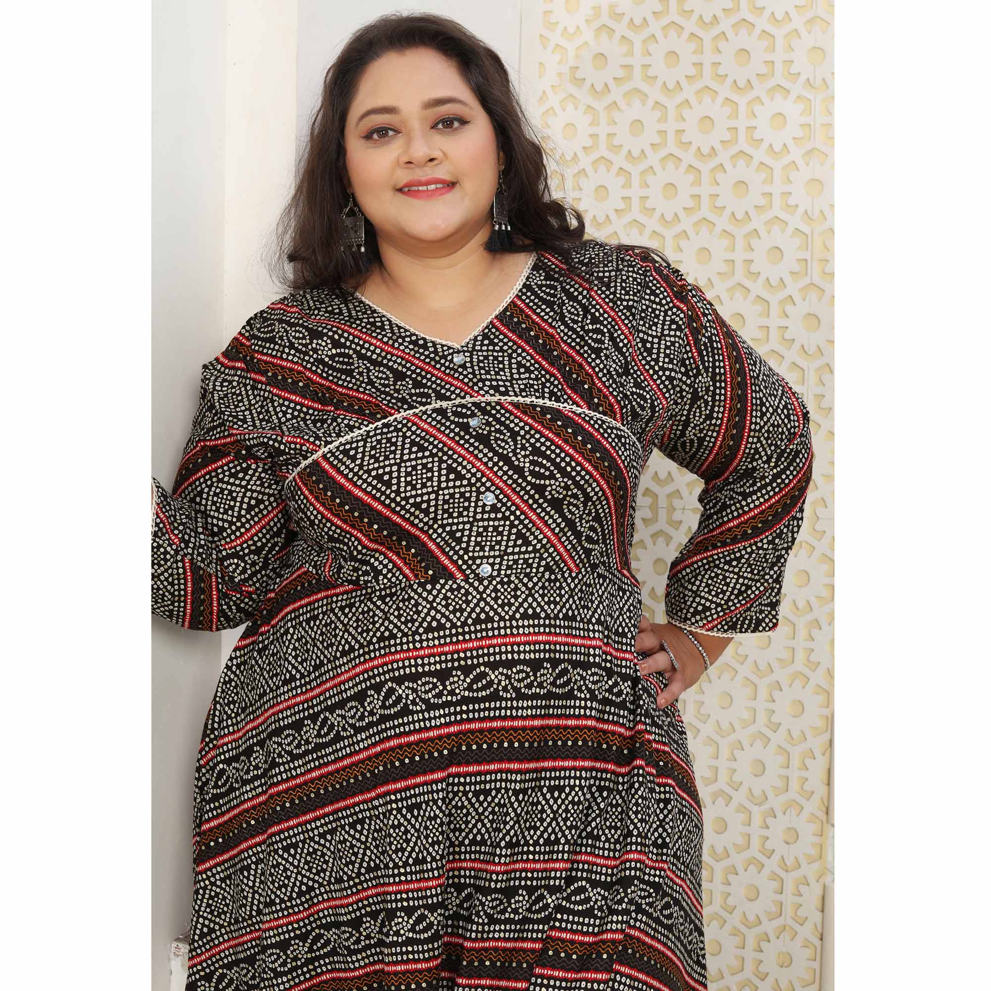 Black Bandhani Printed Rayon Long Kurti