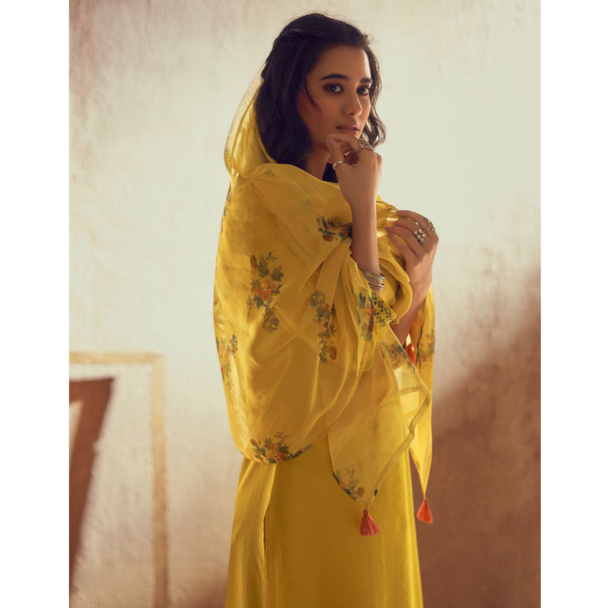 Yellow Floral Embroidered Viscose Suit