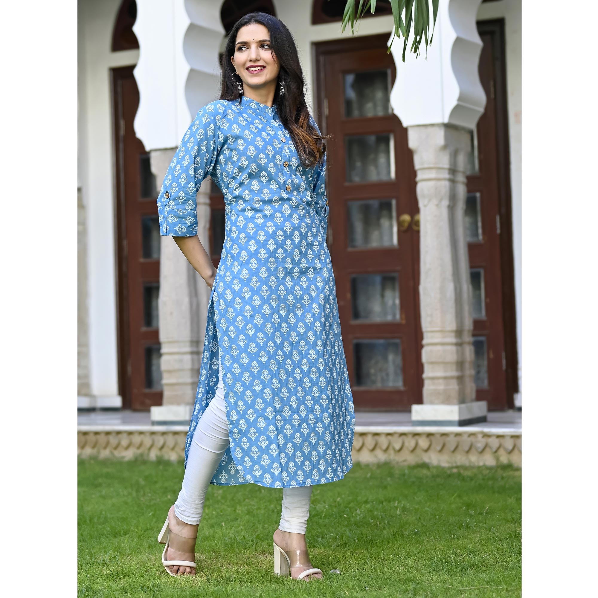 Blue Floral Printed Pure Cotton Kurti