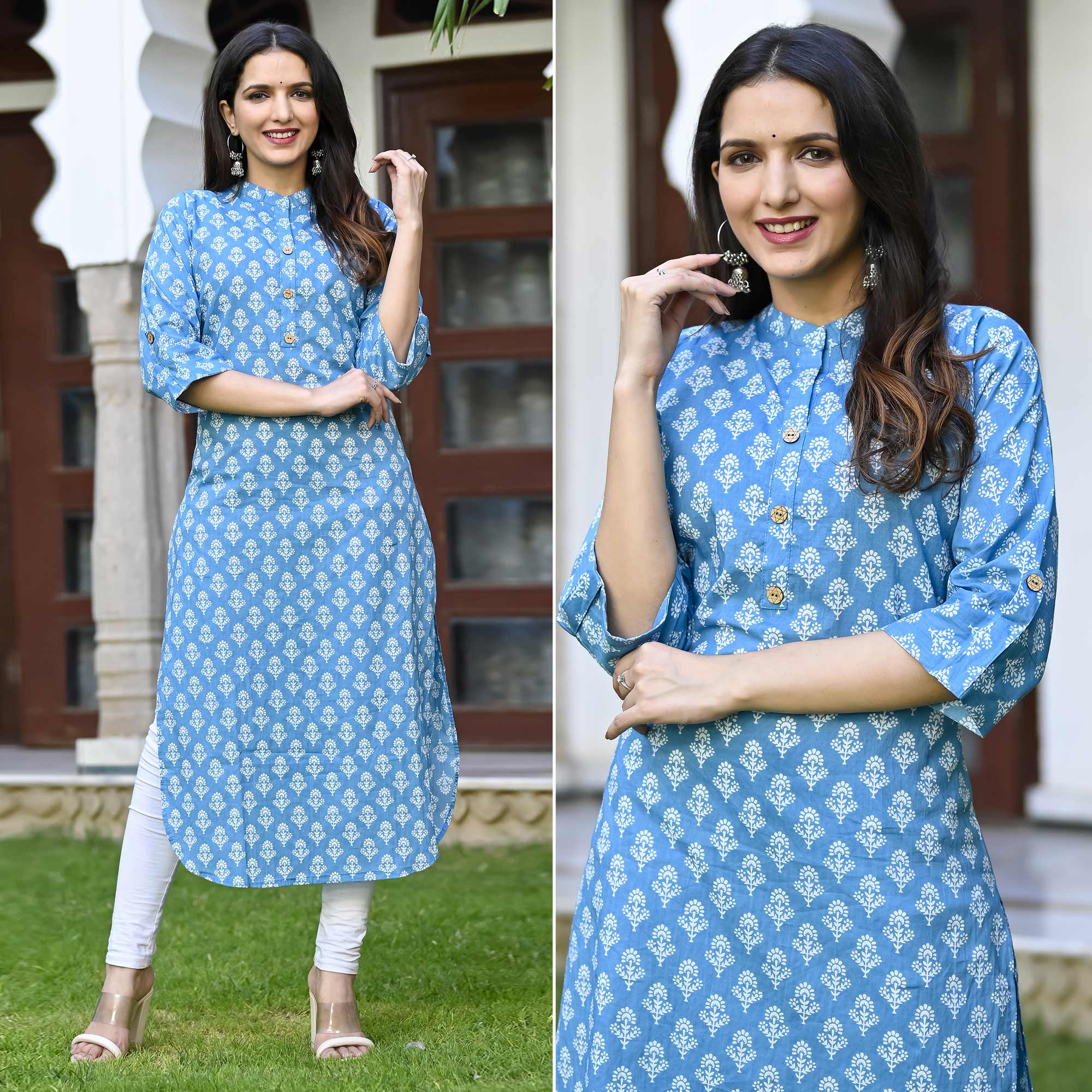 Blue Floral Printed Pure Cotton Kurti